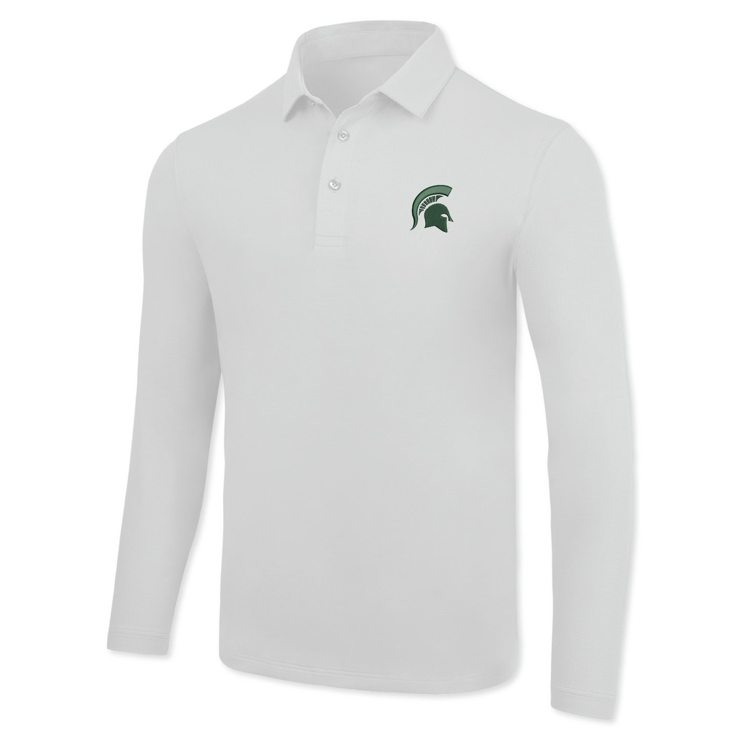 White long-sleeve polo shirt with a collar and three buttons, featuring a green Spartan Helmet logo on the left chest.