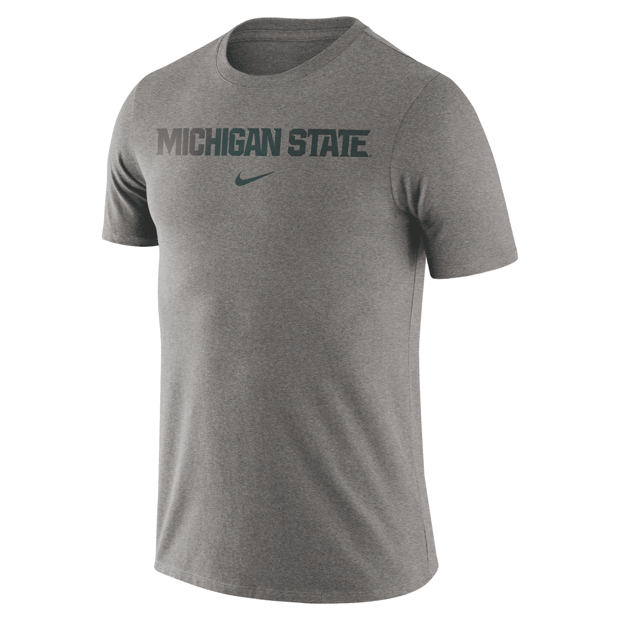 A gray short sleeved t-shirt with the words "Michigan State" on the chest in green above a green Nike swoosh.
