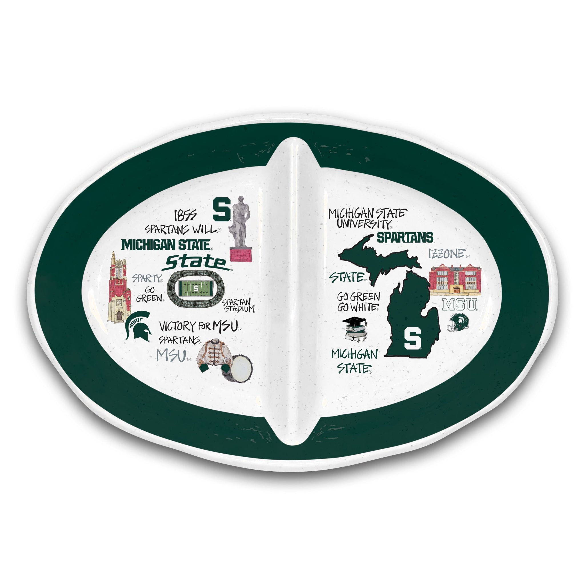 A two-section, oval-shaped plate featuring illustrations of MSU icons and logos such as Spartan Stadium, Beaumont Tower, Spartan Statue, and more.