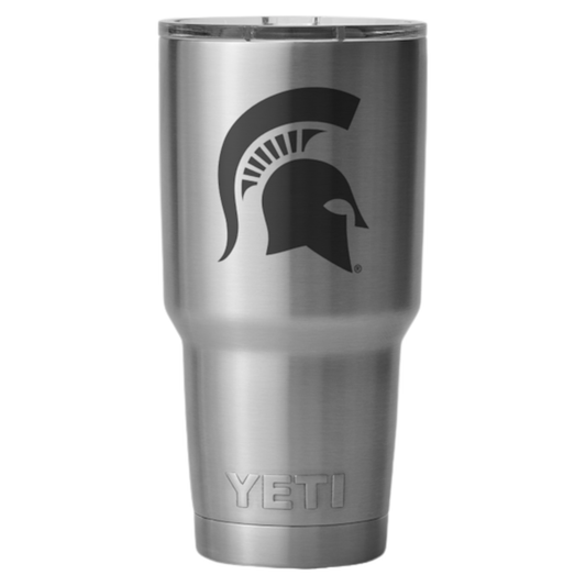 Silver stainless steel 30 oz. tumbler with a black Spartan Helmet design on the front.