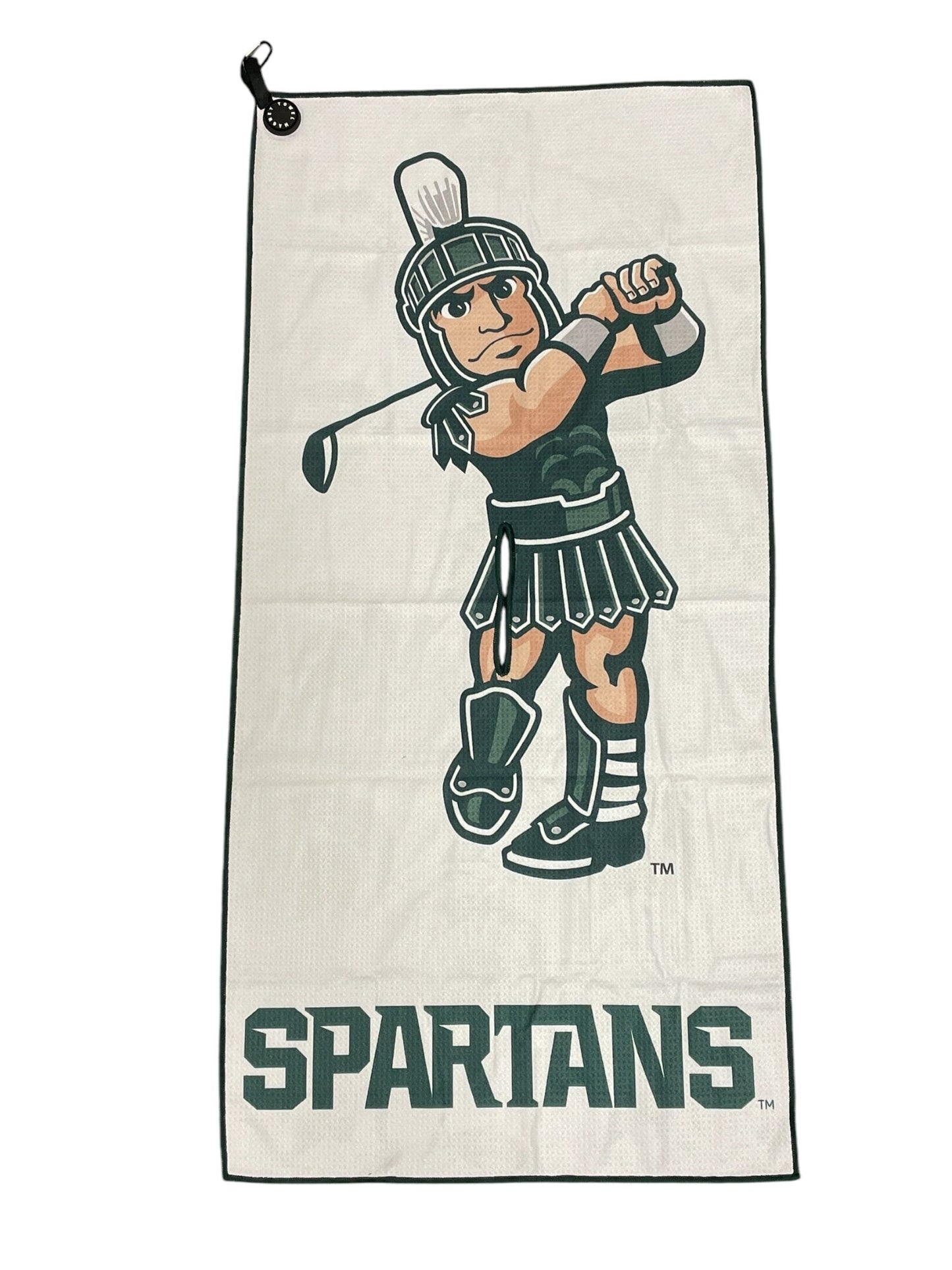 An x-large golf towel with a Spartans logo, featuring a cartoon spartan character holding a golf club on the front, and the word "Spartans" on the bottom. The back of the towel has Spartan Helmet logos.