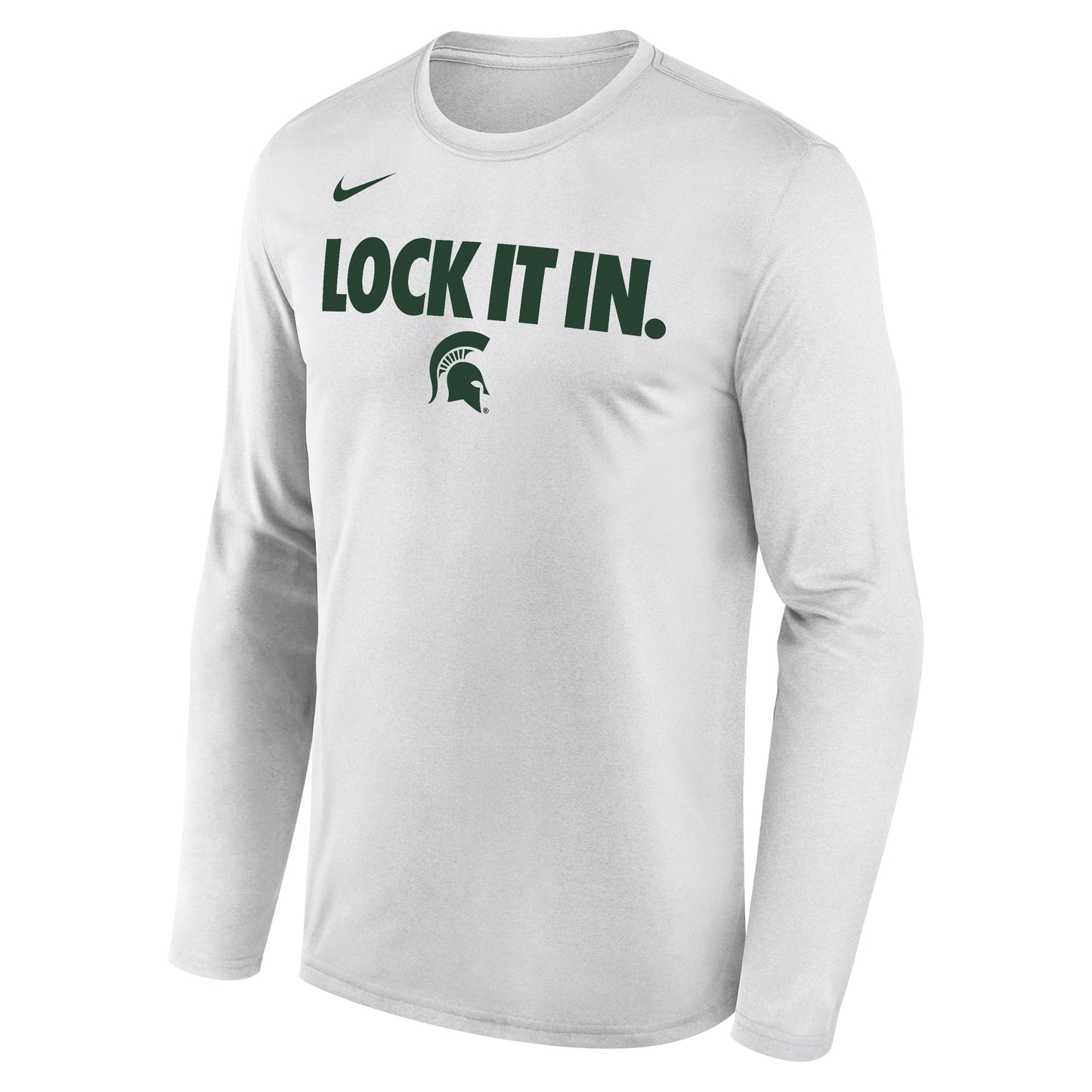 White long-sleeve shirt with "Lock It In." green text and a green Spartan Helmet logo below the text. The Nike logo is printed above the text in green on the upper right chest. Shown on a white background.