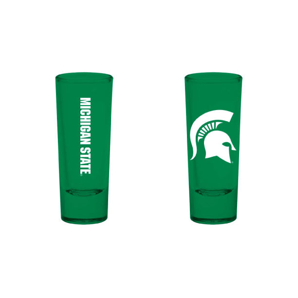 Green Michigan State Spartans shot glass featuring white “Michigan State” lettering and the Spartans helmet logo.