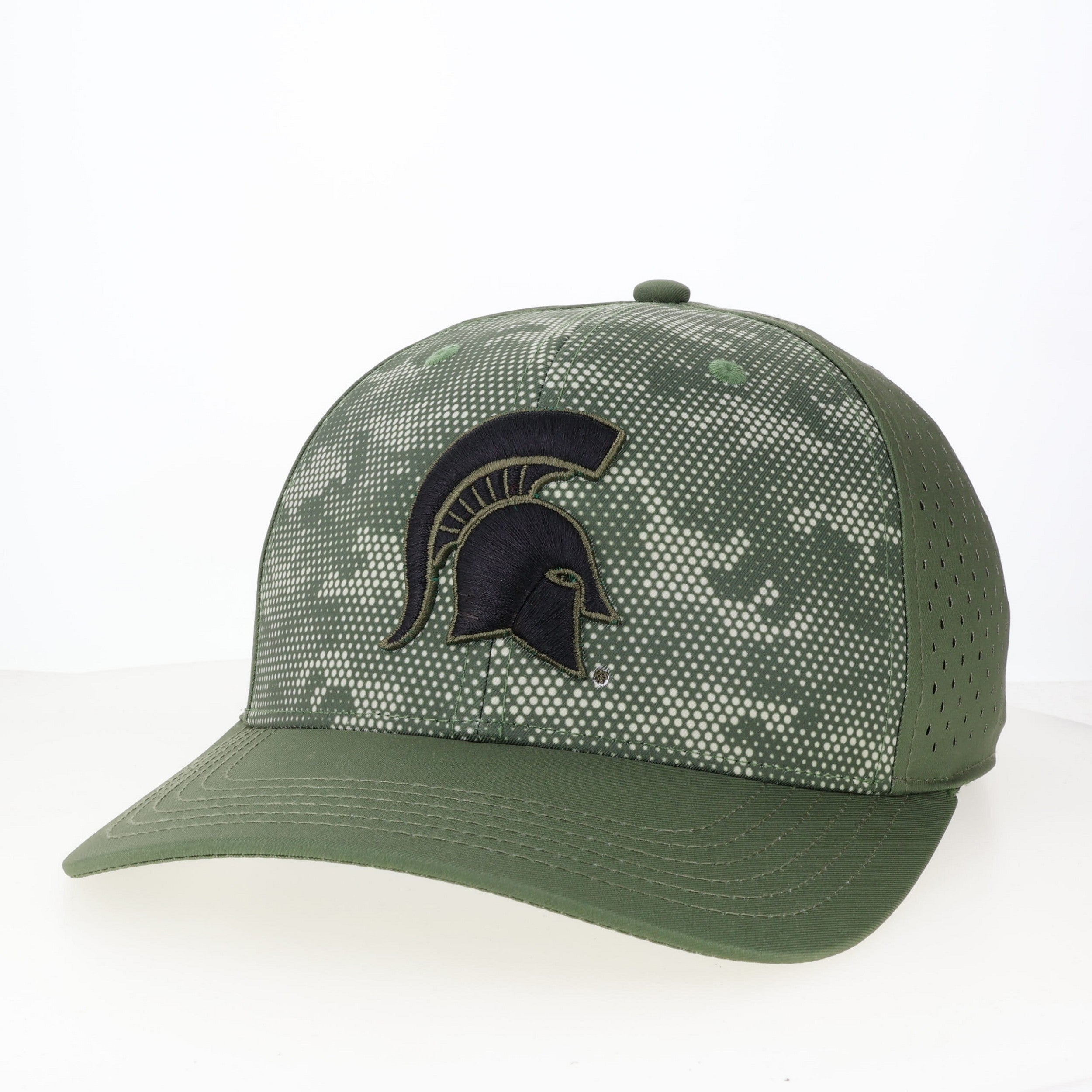 Green camo baseball cap with black Spartan helmet logo on the front.