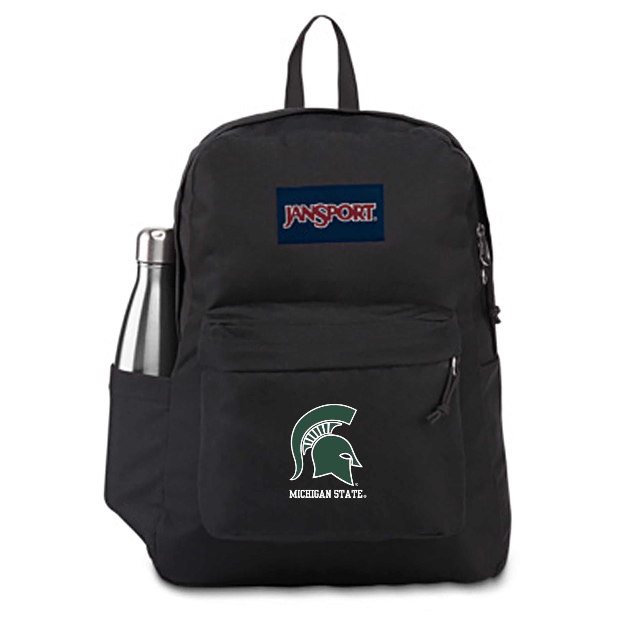 Black Jansport backpack with Michigan State Spartans logo and text on front pocket.