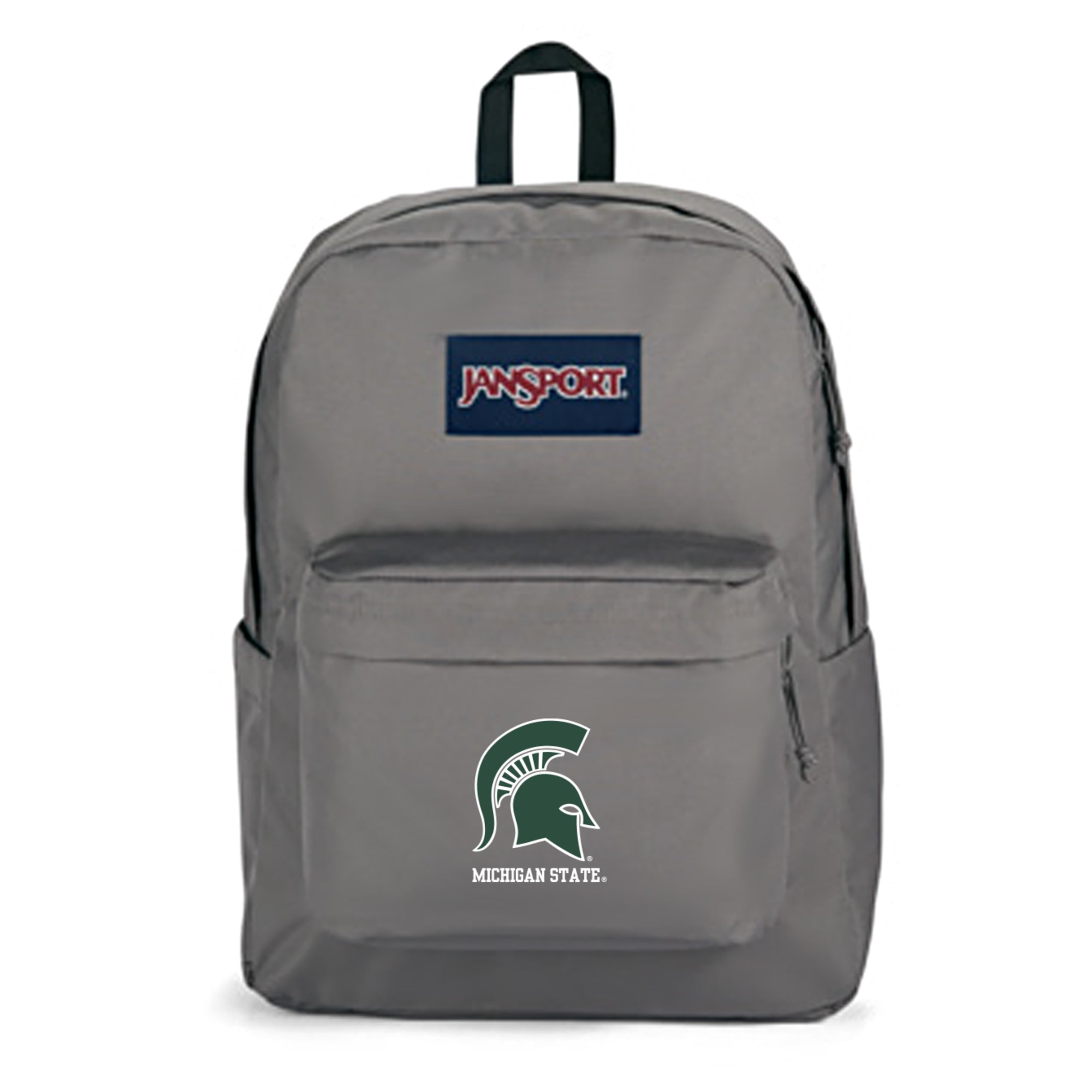 Gray Jansport backpack with Michigan State Spartans logo and text on front pocket.