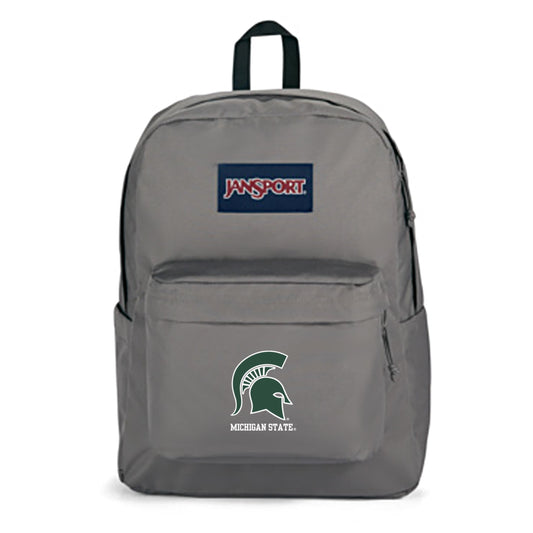 Gray Jansport backpack with a Spartan Helmet logo and "Michigan State" wordmark on the front pocket.