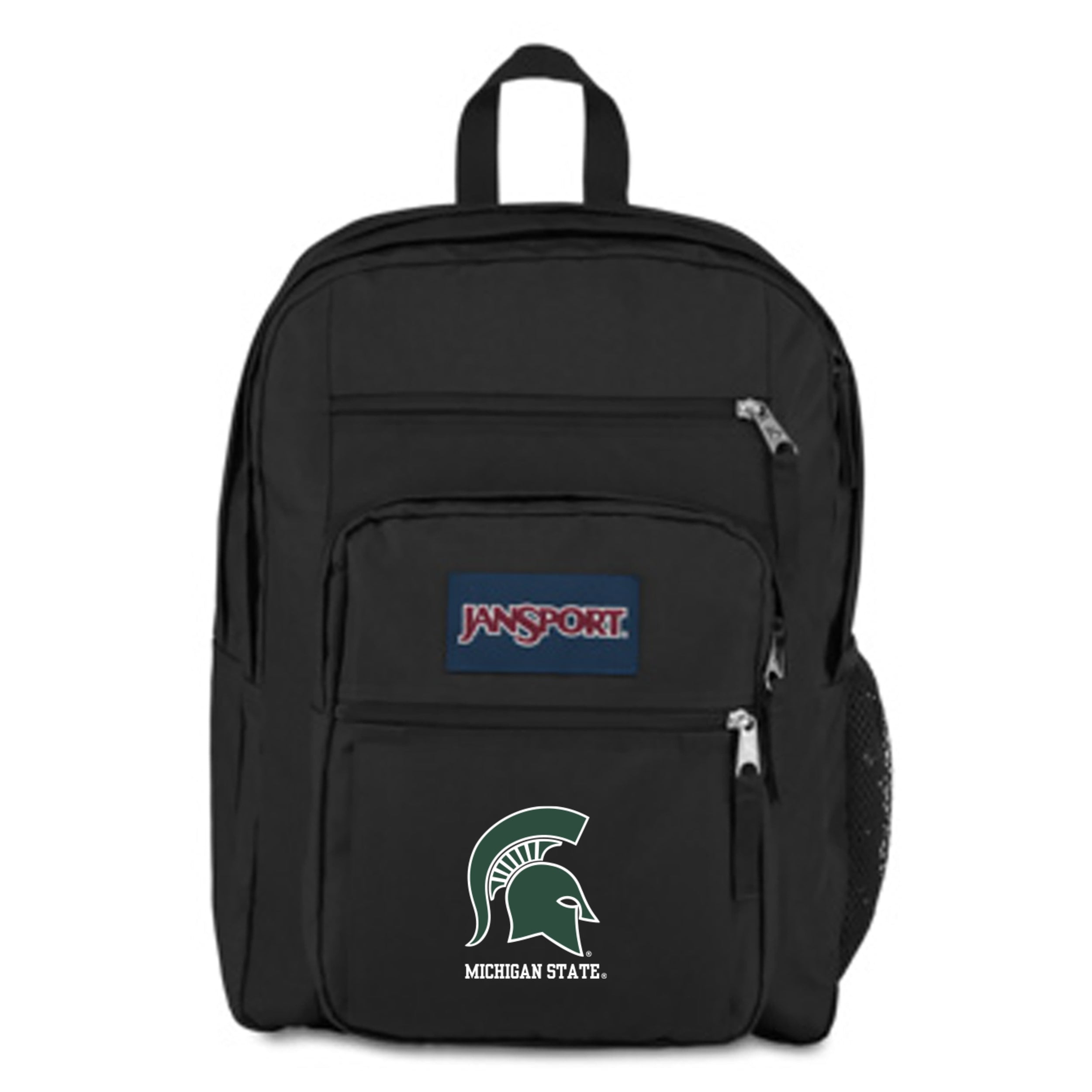 Black Jansport backpack with Michigan State Spartans logo and text on front pocket.