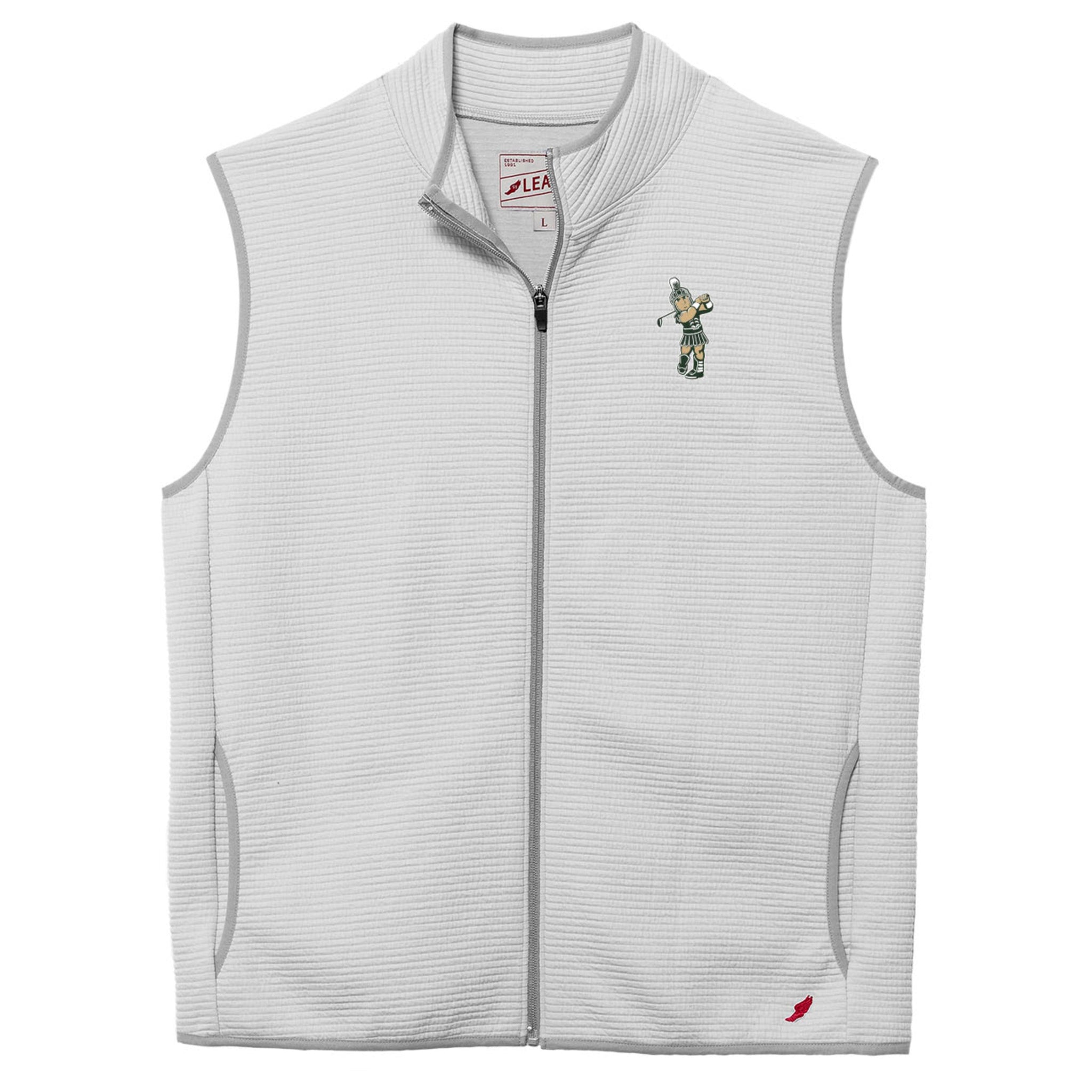 Light gray sleeveless vest with a full-length front zipper, textured fabric, two side pockets, an embroidered logo of a character playing golf on the left chest, and a small red logo near the bottom right hem.
