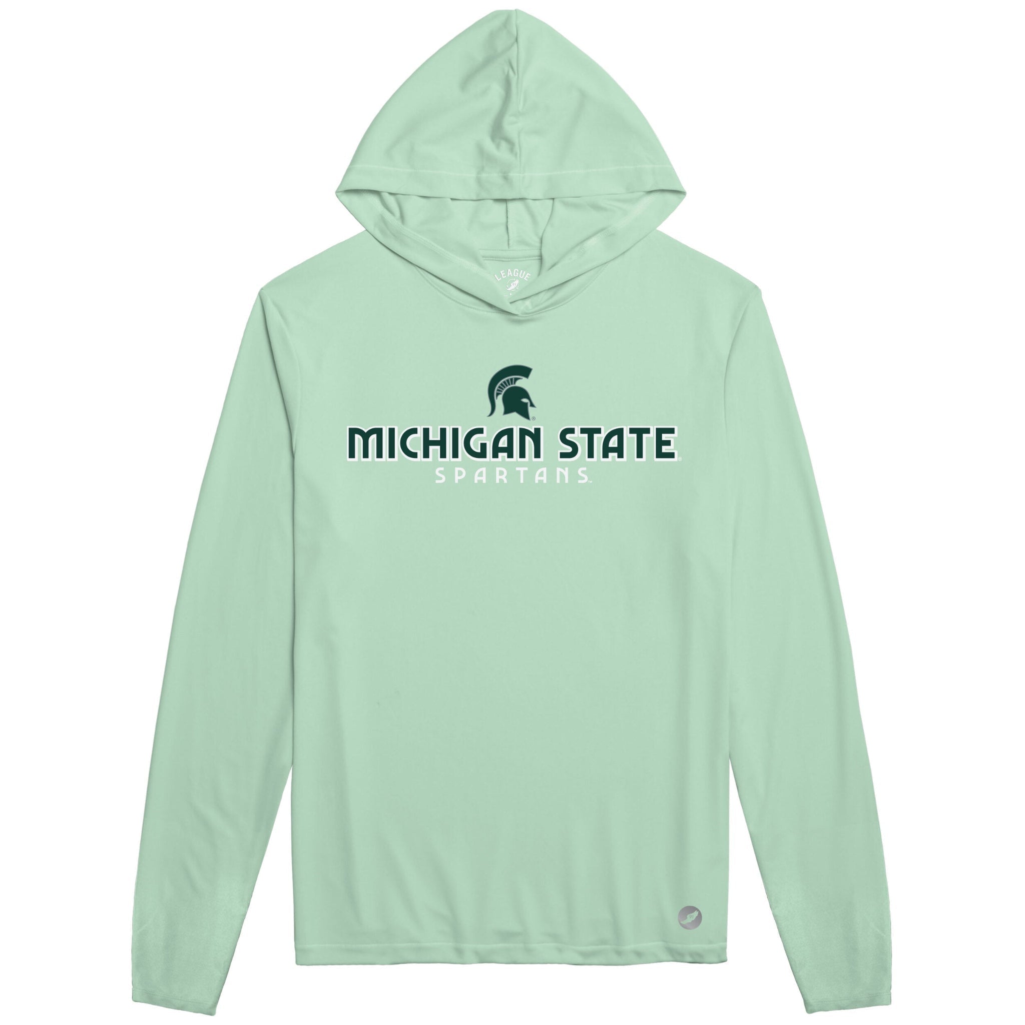 Light green hooded long-sleeve shirt featuring the text 'MICHIGAN STATE SPARTANS' in dark green and white on the front, with a Spartan helmet logo above the word 'SPARTANS'