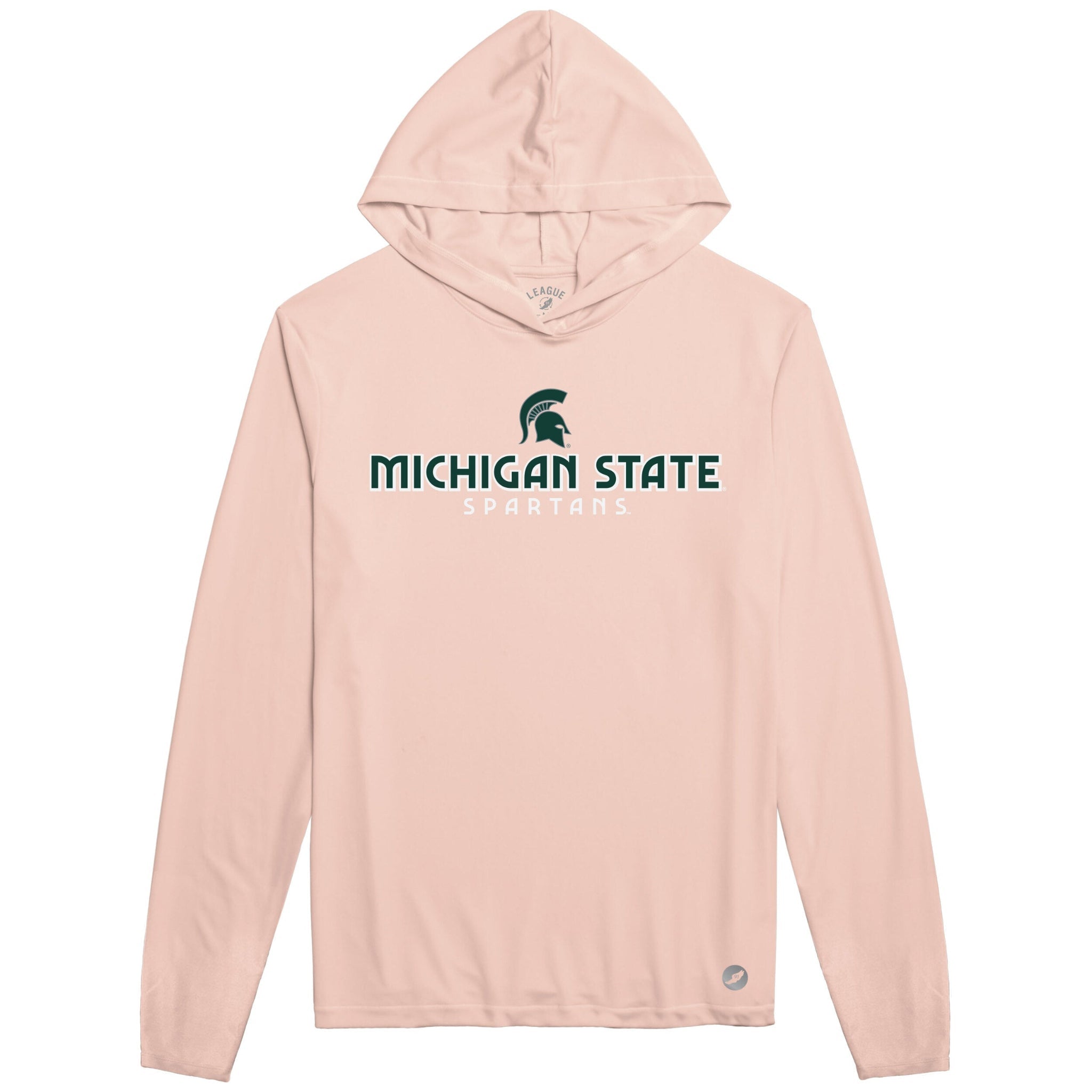 Light pink hooded long-sleeve shirt featuring the text 'MICHIGAN STATE SPARTANS' and a green Spartan helmet logo printed on the front.
