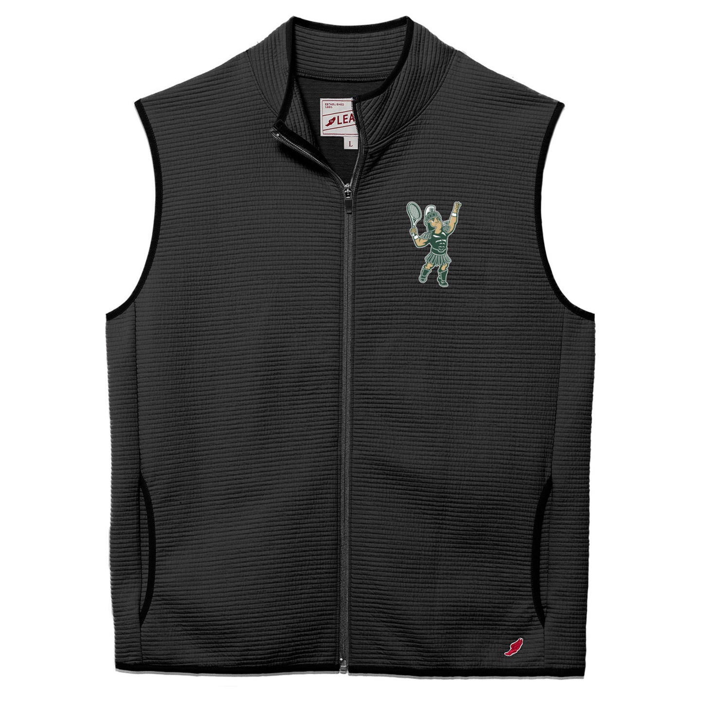 Black ribbed vest with darker black hem detailing, a gray full zipper down the front, and the Tennis Sparty logo on the left upper chest.