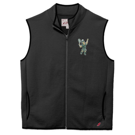 Black ribbed vest with darker black hem detailing, a gray full zipper down the front, and the Tennis Sparty logo on the left upper chest.