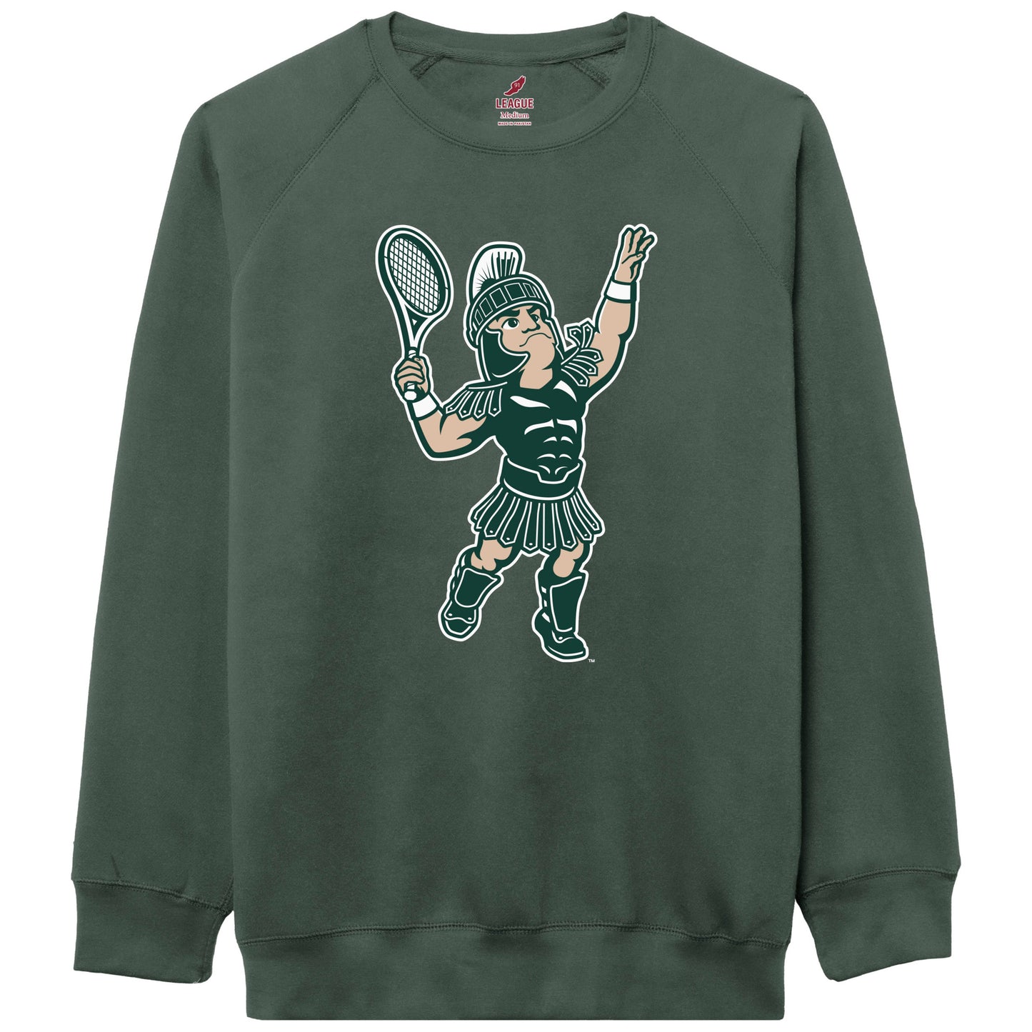 Green long sleeve crewneck with the Sparty Tennis logo printed largely on the front.