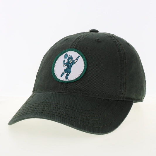Dark green cap with white circular patch that has a green rim. Centered in the circle patch is a screen printed Sparty Tennis logo.