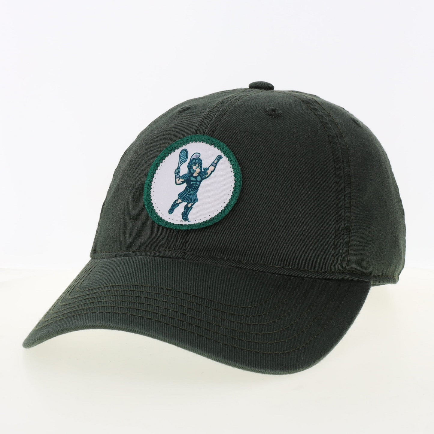 Dark green cap with white circular patch that has a green rim. Centered in the circle patch is a screen printed Sparty Tennis logo.