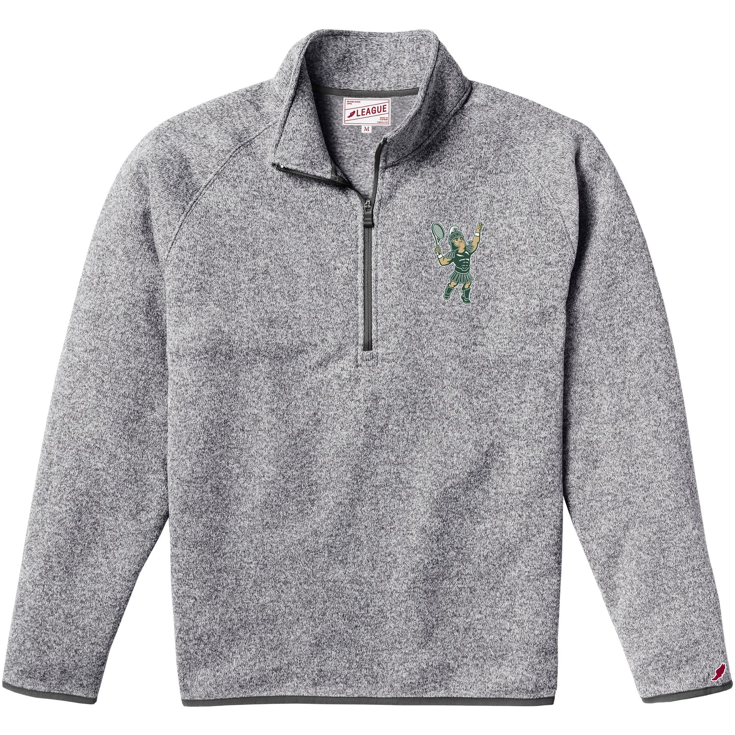 Heathered Grey quarter zip pull over. On left chest is an embroidered 'Tennis Sparty' logo.