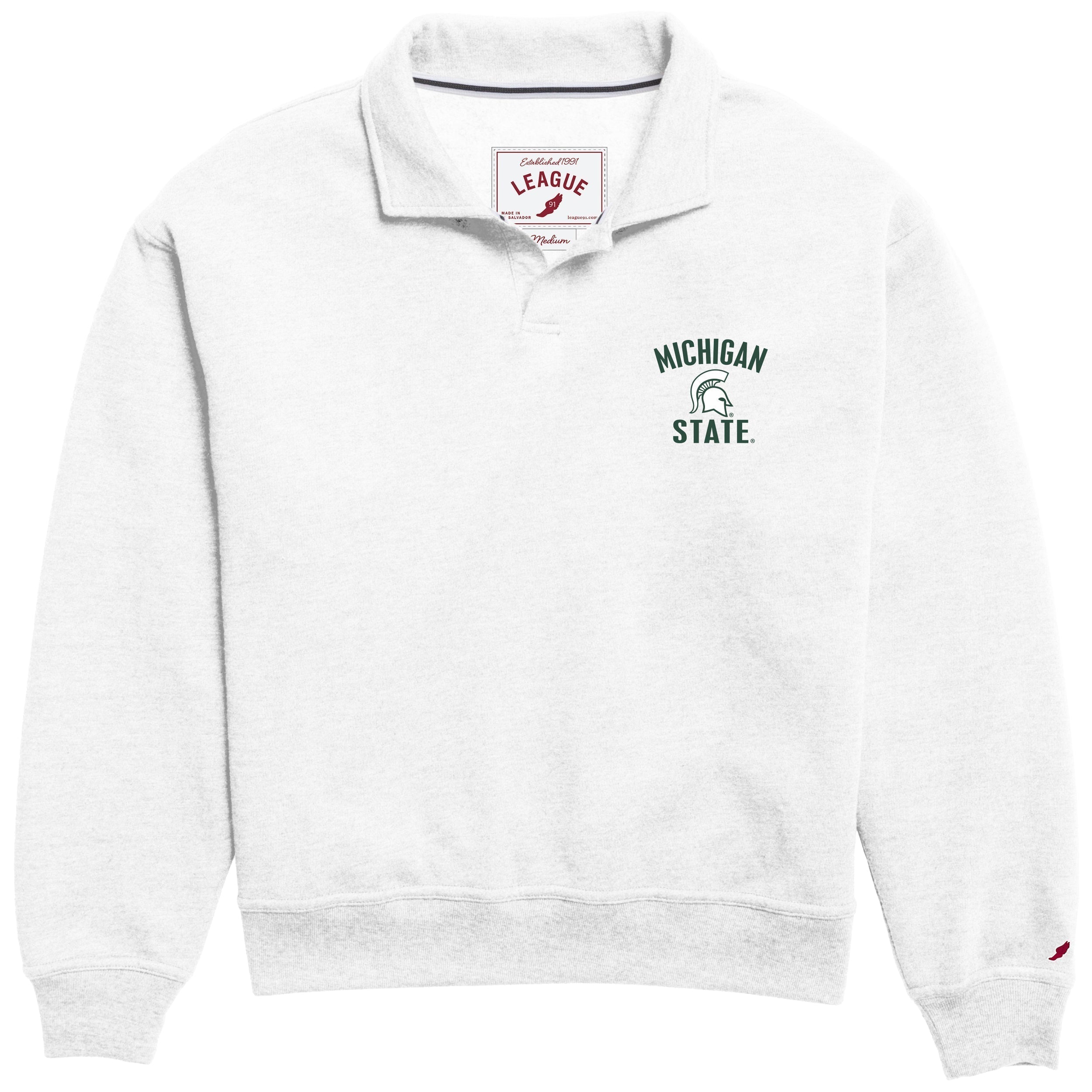 White collared sweatshirt with 'Michigan State' and Spartan logo on left chest.