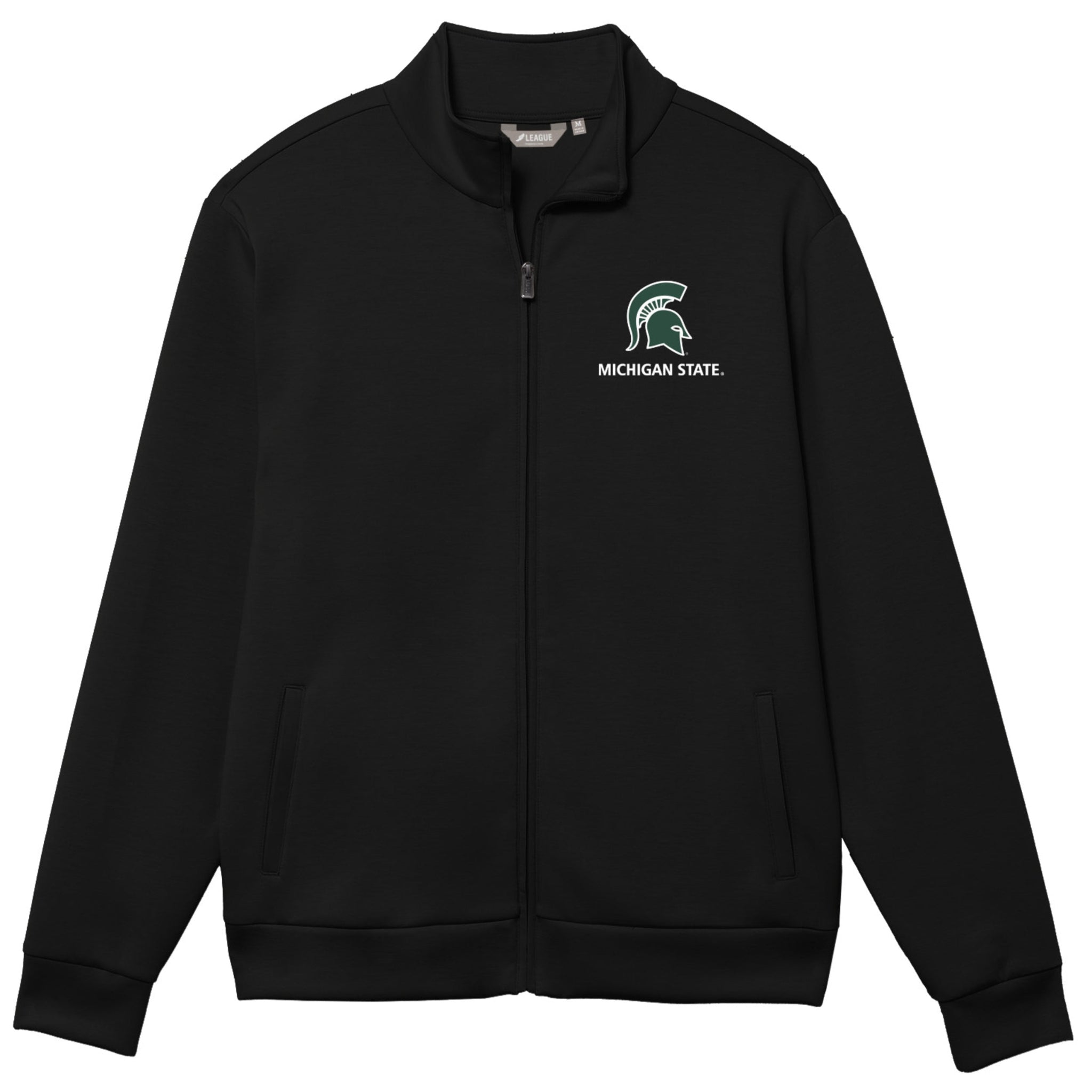 Black zip-up jacket featuring the Michigan State University logo with a green Spartan helmet and 'MICHIGAN STATE' text on the left chest.