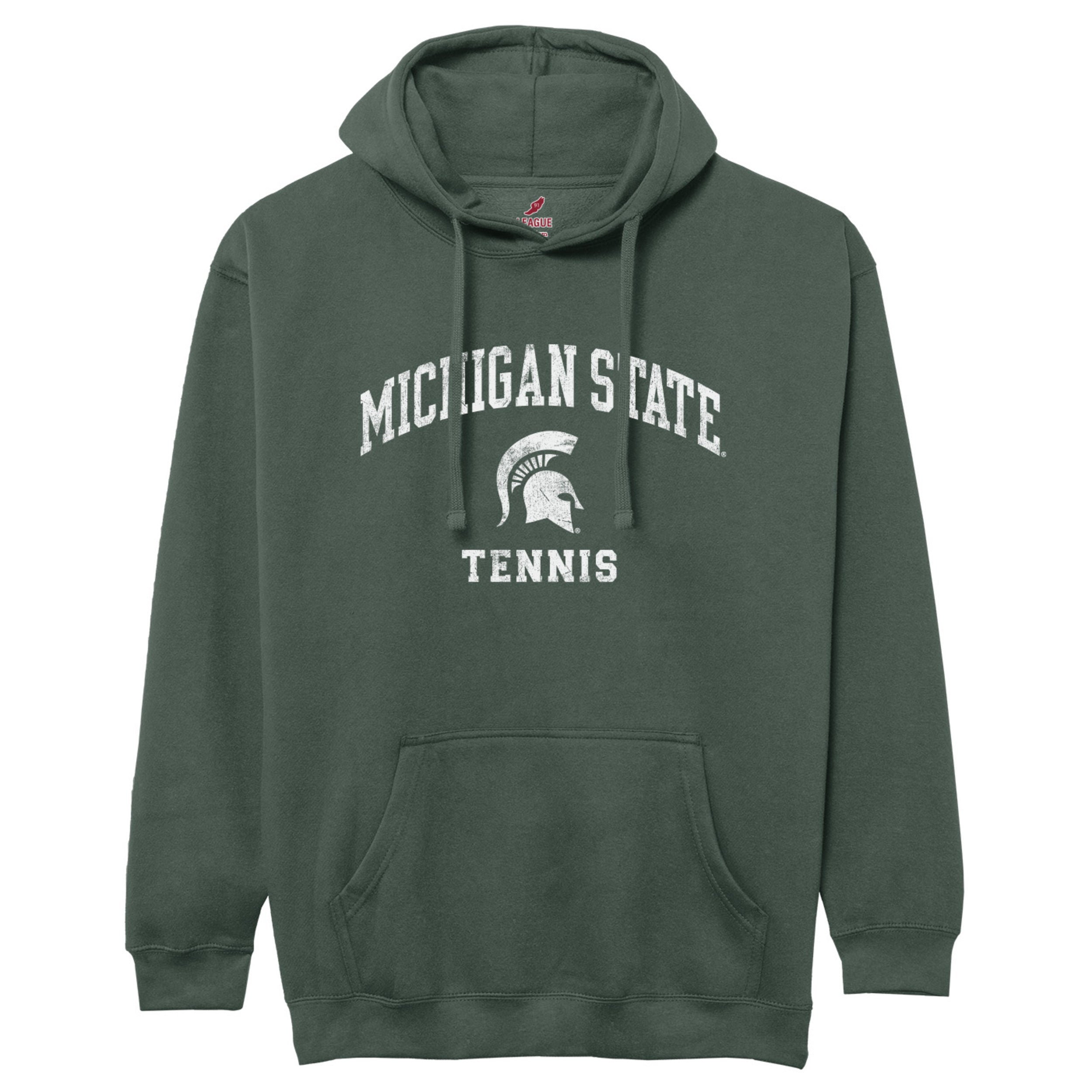 Green drawstring hoodie with white 'Michigan State Tennis' screen printed text and a white Spartan helmet logo in the middle of the text. Shown on a white background.