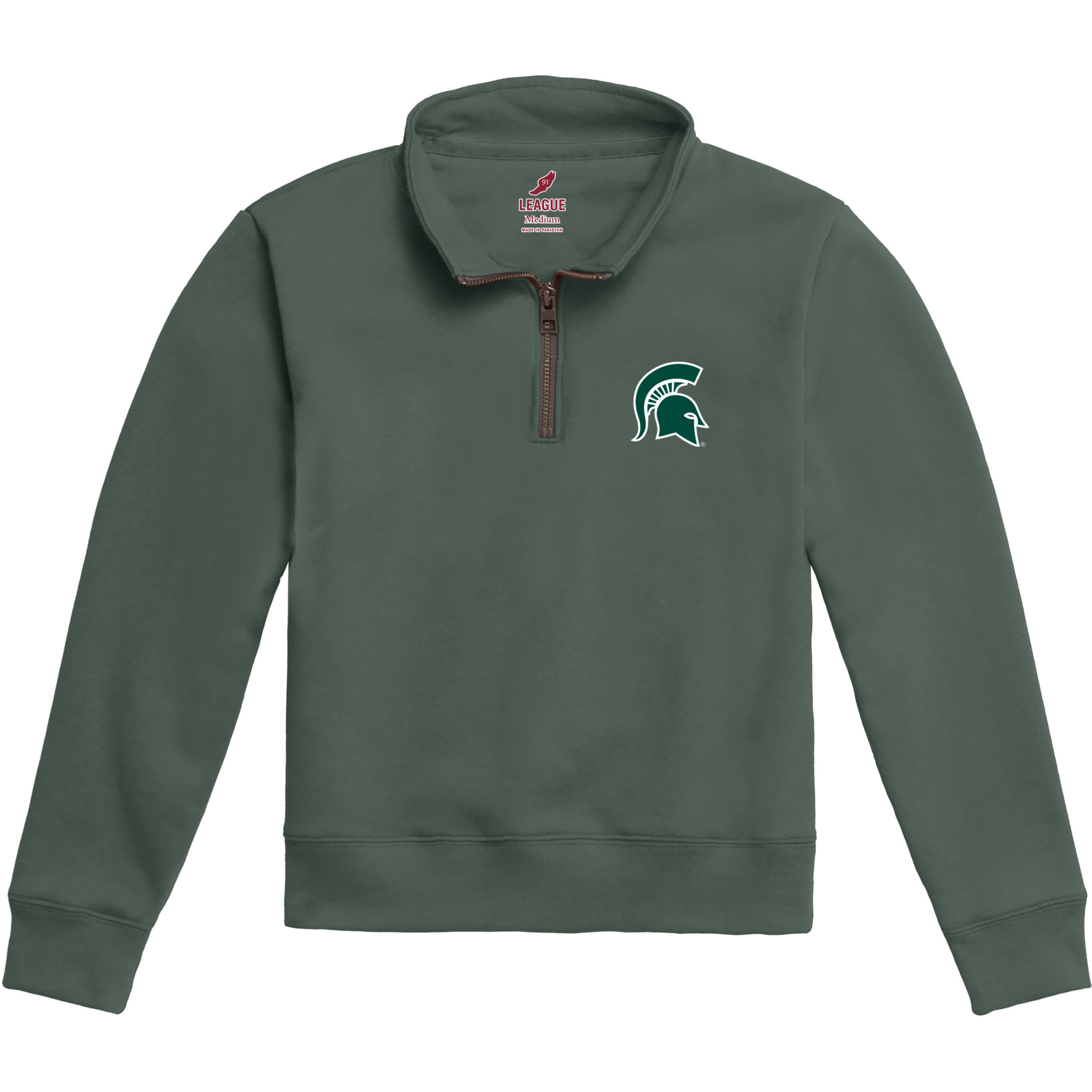 Dark green quarter-zip with small Spartan helmet logo on left chest.