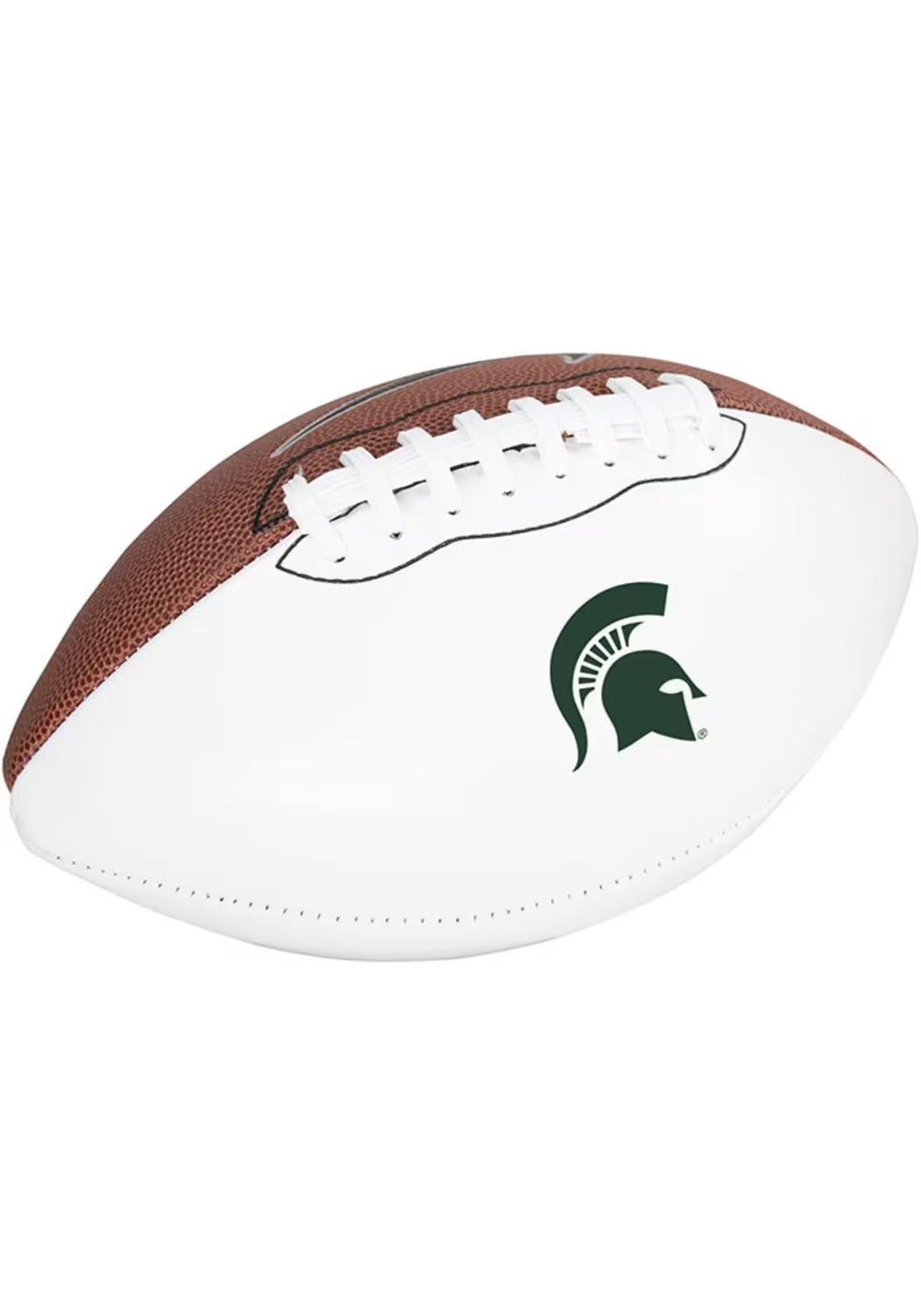 White and brown football with a green Spartan Helmet logo on the white side of the ball.