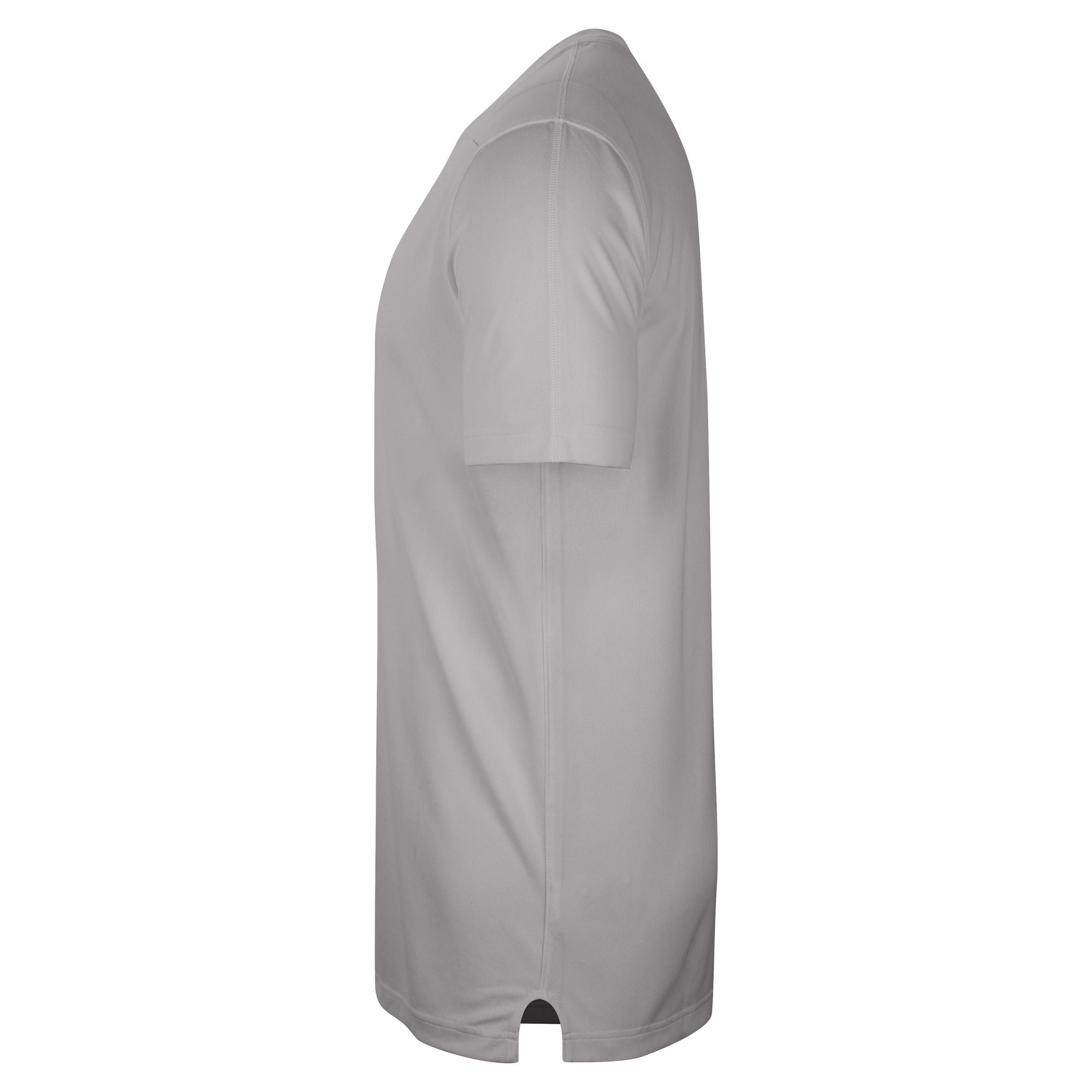 The side of a gray short sleeved t-shirt.