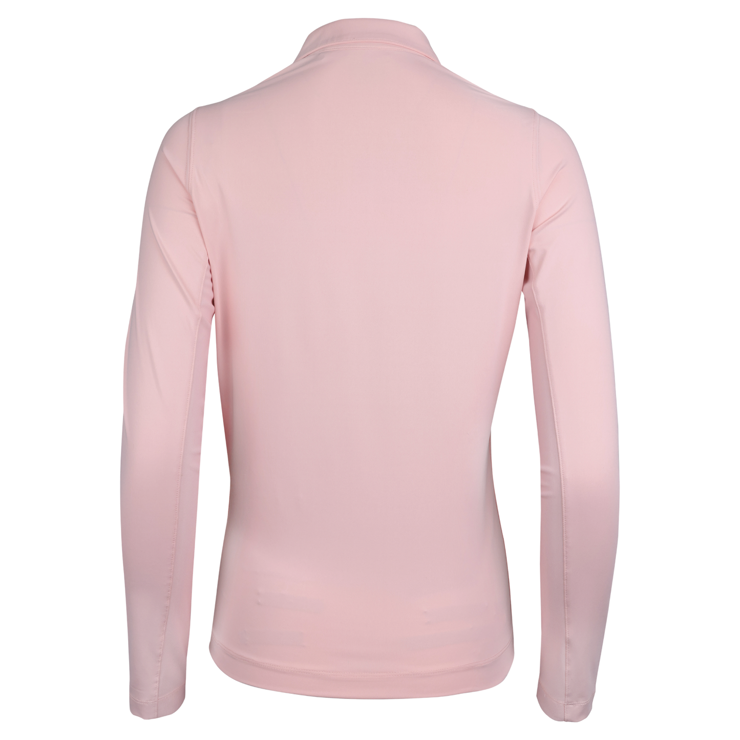 Back of a light pink fitted polo.
