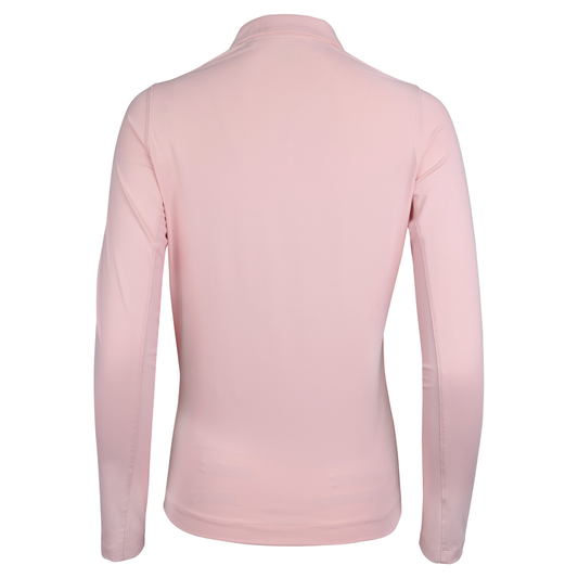 Back of a light pink fitted polo.