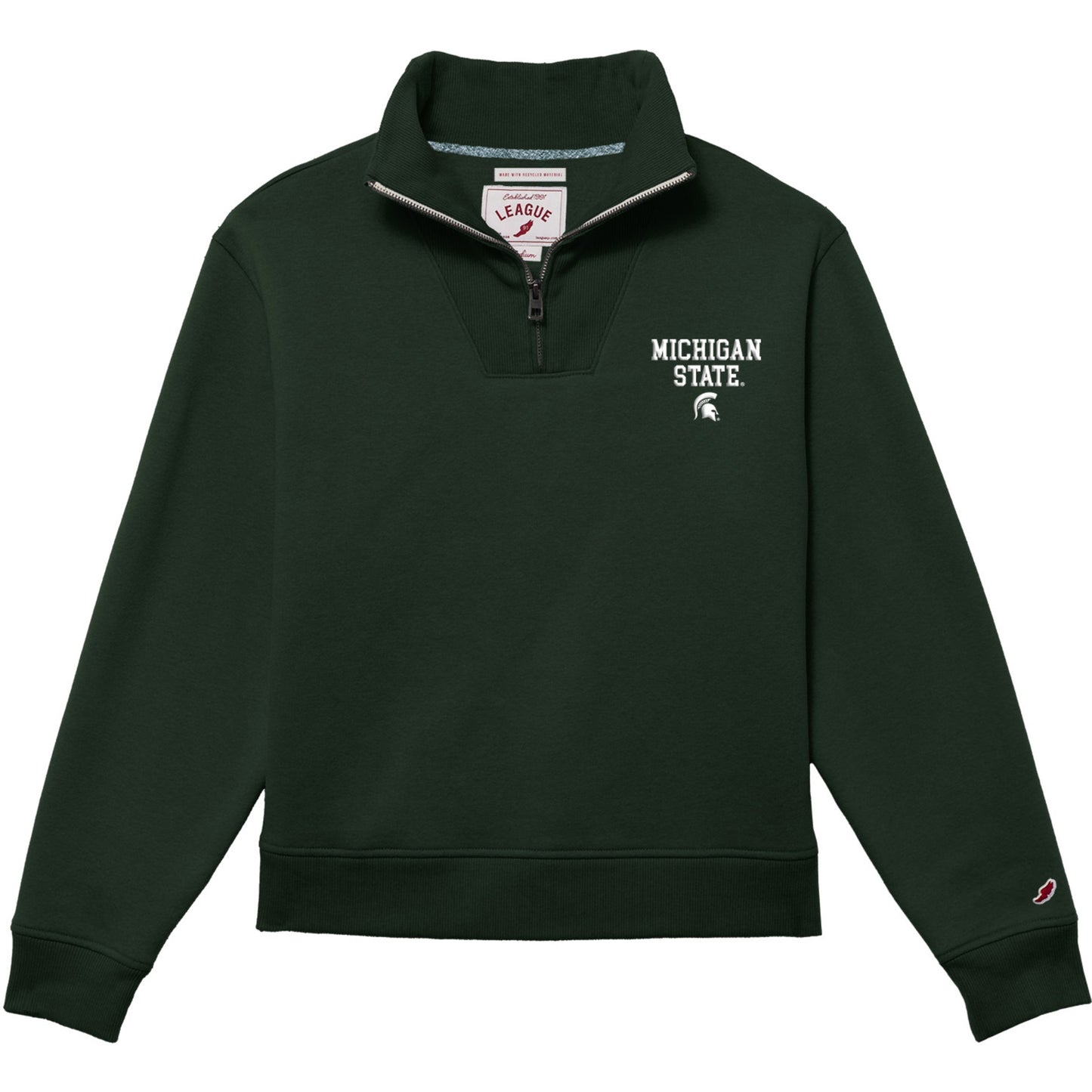 Dark green quarter-zip pullover. Around zipper and the collar is a ribbed fabric. Embroidered on the left chest stacked is 'Michigan State'. Then below is a white Spartan helmet.