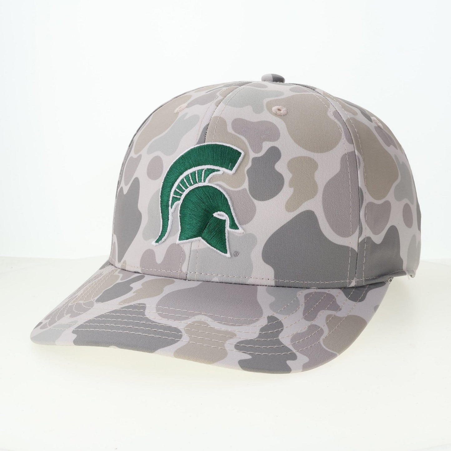Darker gray and beige camo hat with a green Spartan Helmet logo embroidered on the front.