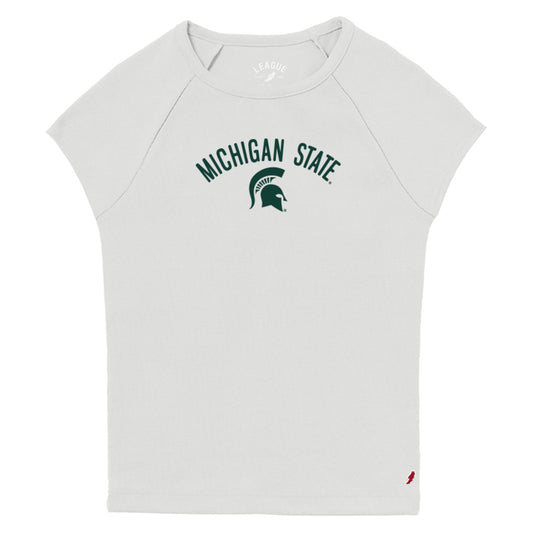 White ribbed short sleeve shirt with 'Michigan State' in green arched above a green Spartan helmet that is all screen printed.