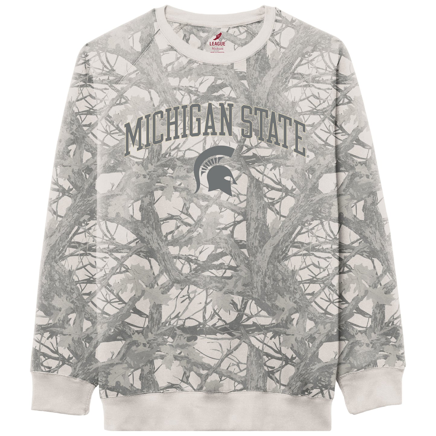 Light beige and gray camo crew neck sweatshirt with beige arched text that reads "Michigan State" and a beige Spartan Helmet logo underneath. The collar and cuffs are a solid light beige color.