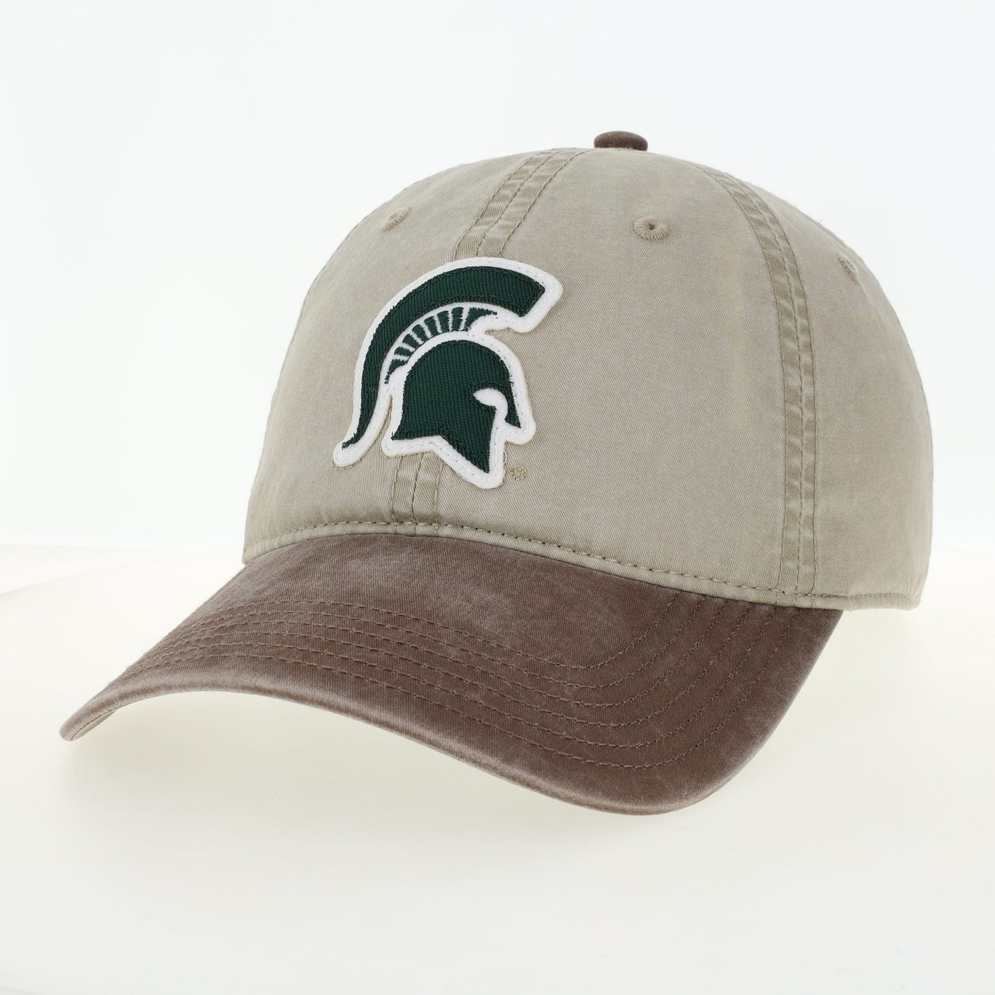 Michigan State Spartans khaki two-tone adjustable baseball cap with embroidered green Spartan helmet logo, khaki crown, and brown curved visor.