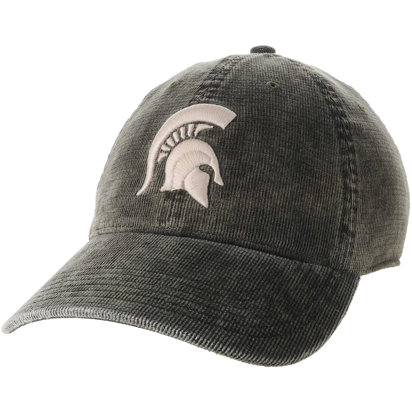 Grey salt wash corduroy hat. Centered on front to panels is a white embroidered Spartans helmet.