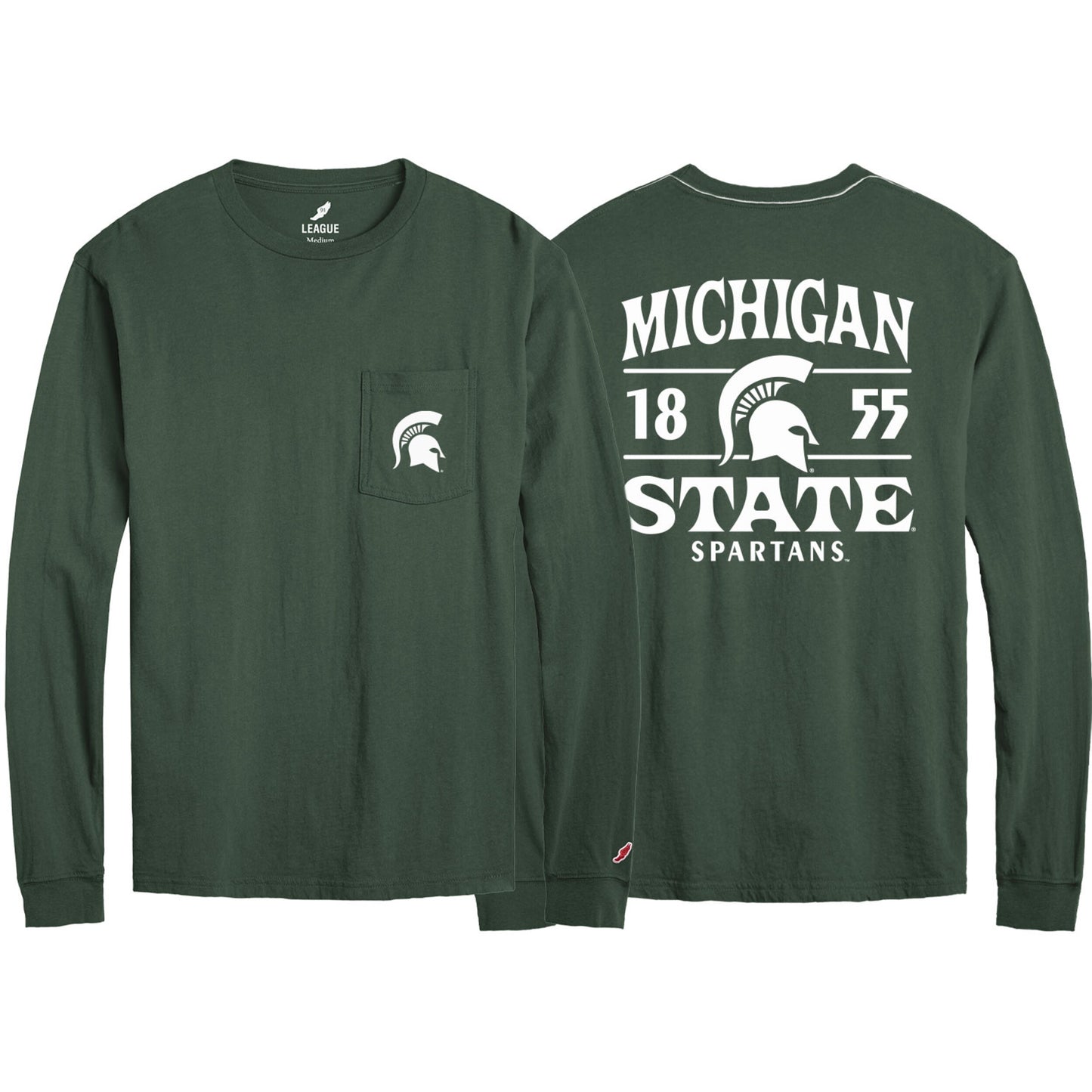 The back and front of a green long sleeve T-shirt. On the left side of the image is the front of the T-shirt with a pocket on the left chest and a white Spartan Helmet logo printed on the pocket. On the right side of the image is the back of the shirt with white text that reads "Michigan State," "1855," and "Spartans" and a white Spartan Helmet logo.
