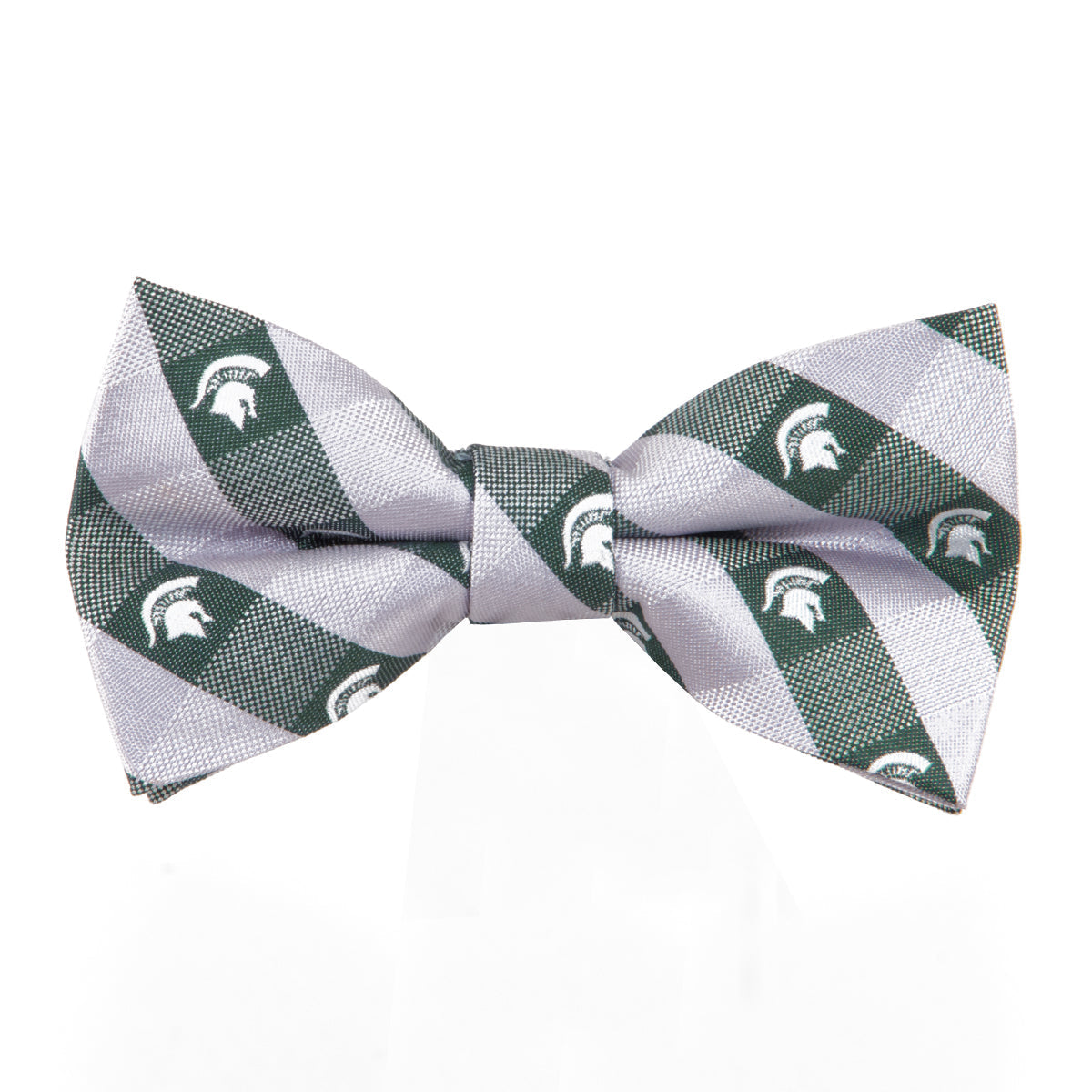A gray and green plaid bow tie with white Spartan helmet logo accents.