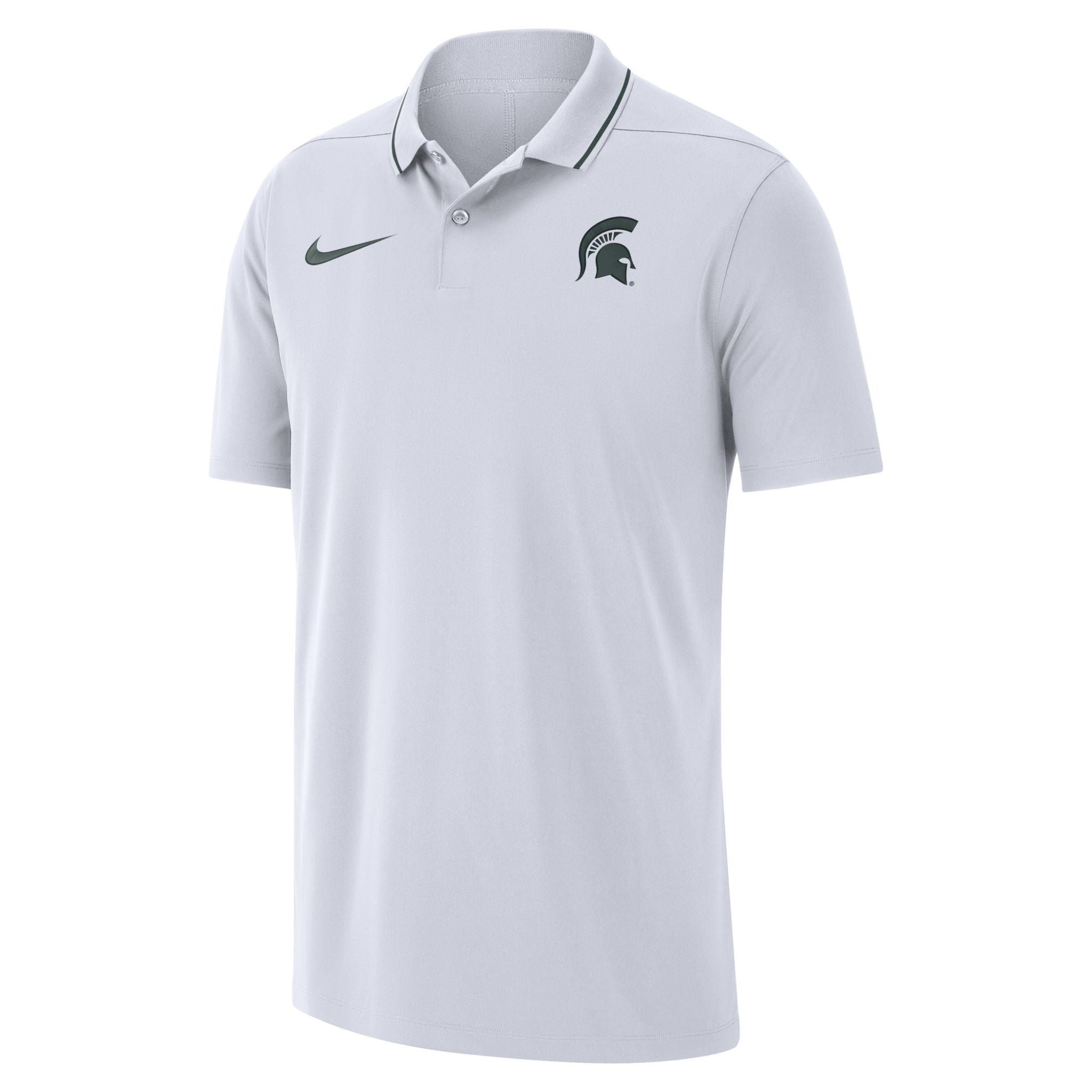 A white polo with a green Spartan helmet logo on the upper left chest and a green Nike swoosh on the upper right.
