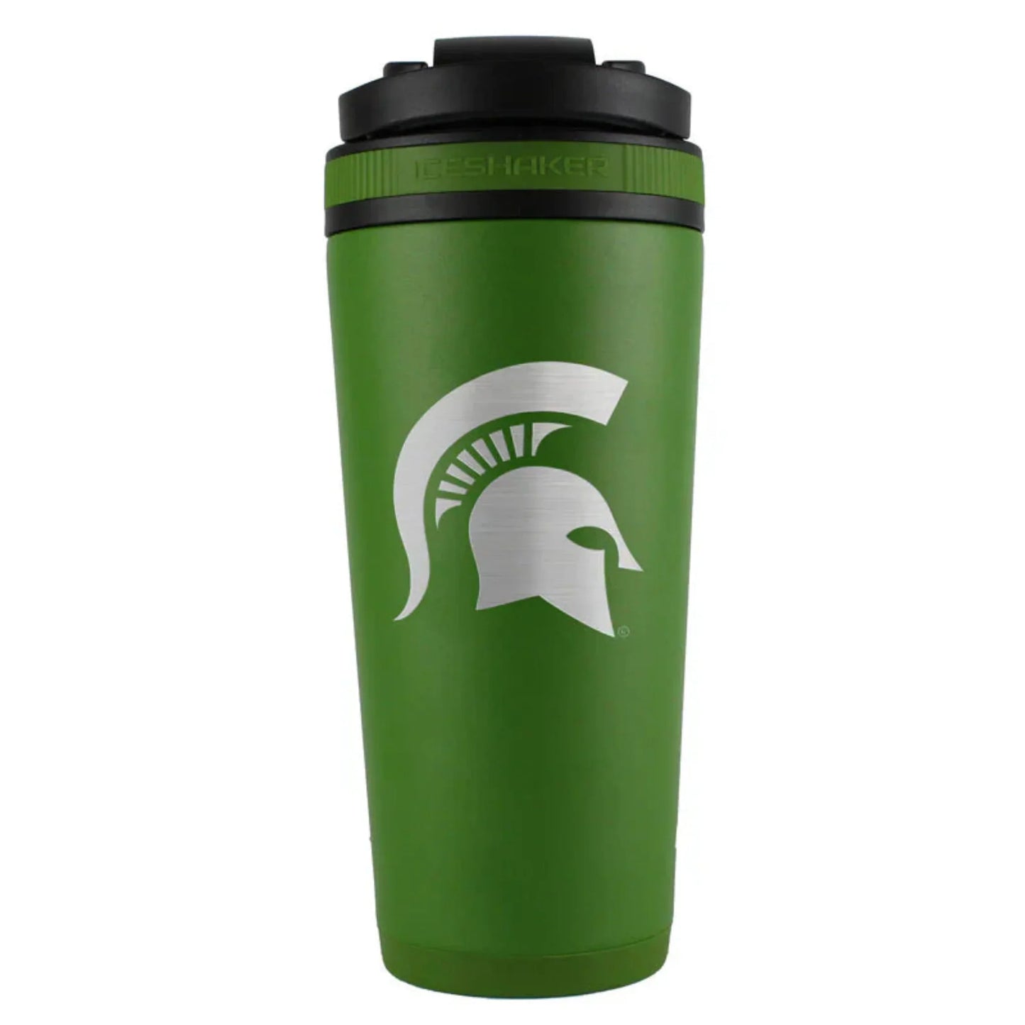 A green stainless steel drink shaker with a white Spartan Helmet logo on the side, featuring a black lid and a twist-on agitator.