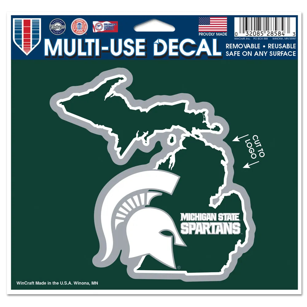 Green, white, and gray decal of the state of Michigan with a white Spartan Helmet logo and text that reads "Michigan State Spartans."