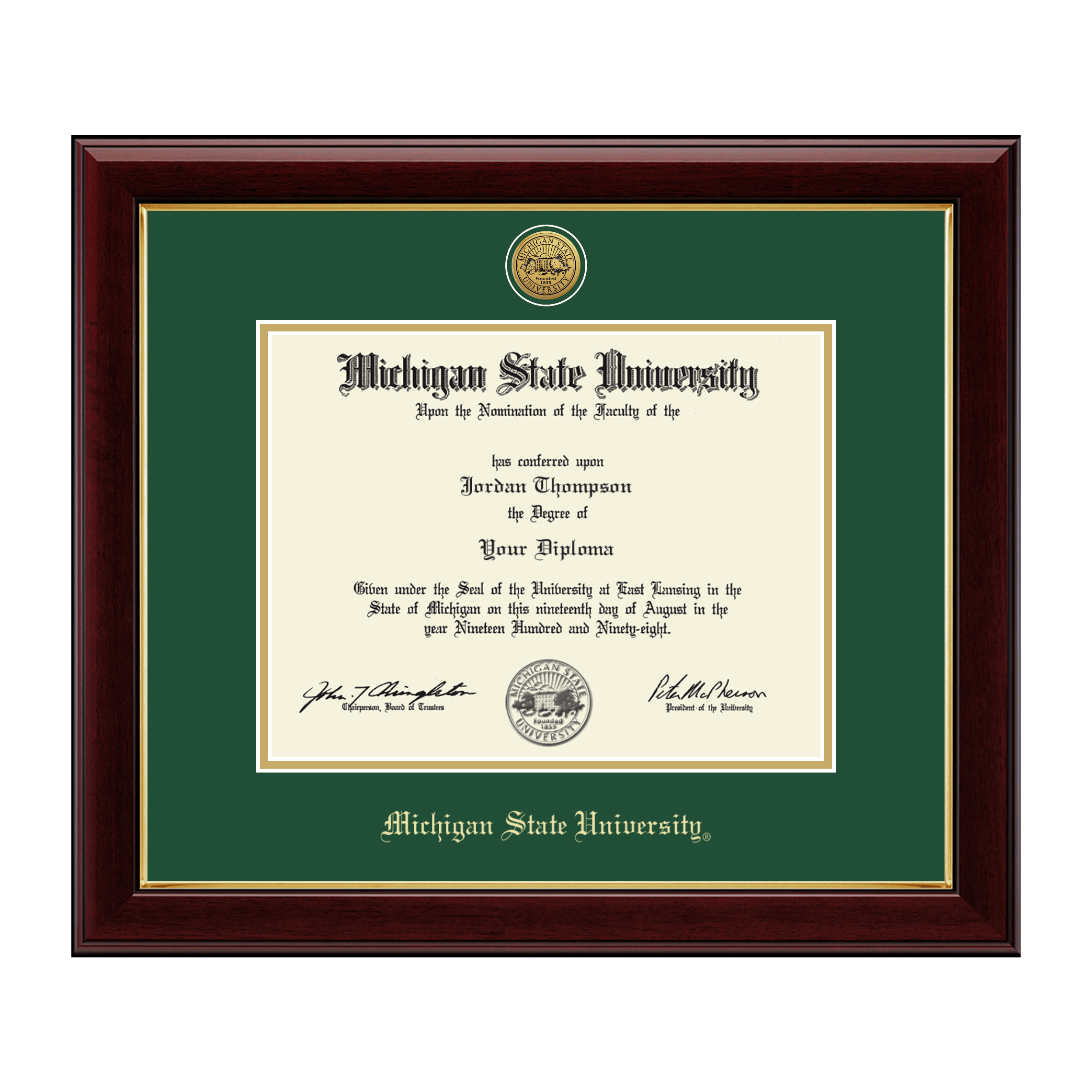Crafted with a dark wood finish and a high-gloss surface, this frame exudes professionalism and timeless style. The gold inner border adds a refined touch, complementing the rich tones of the wood.
Inside, the diploma is set against a tartan green mat with gold trim, creating a striking contrast that draws attention to the achievement. An embossed gold university seal is centered at the top of the mat, adding an official and distinguished detail.