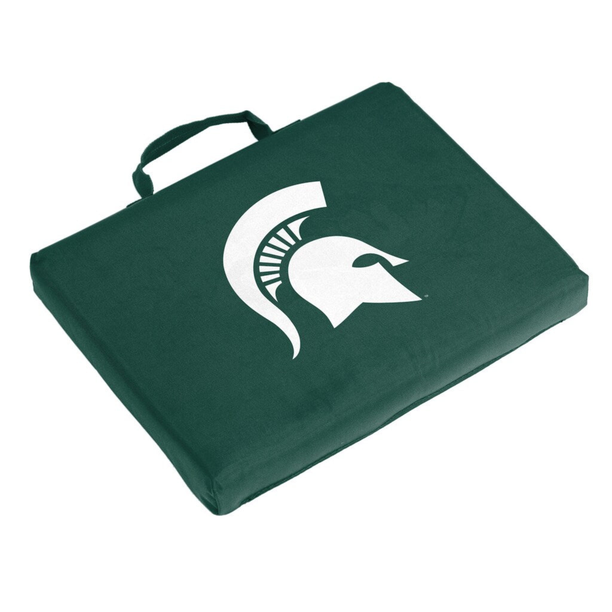 Green bleacher seat cushion with a green strap handle at the top. A white Spartan Helmet is on the center of the cushion.