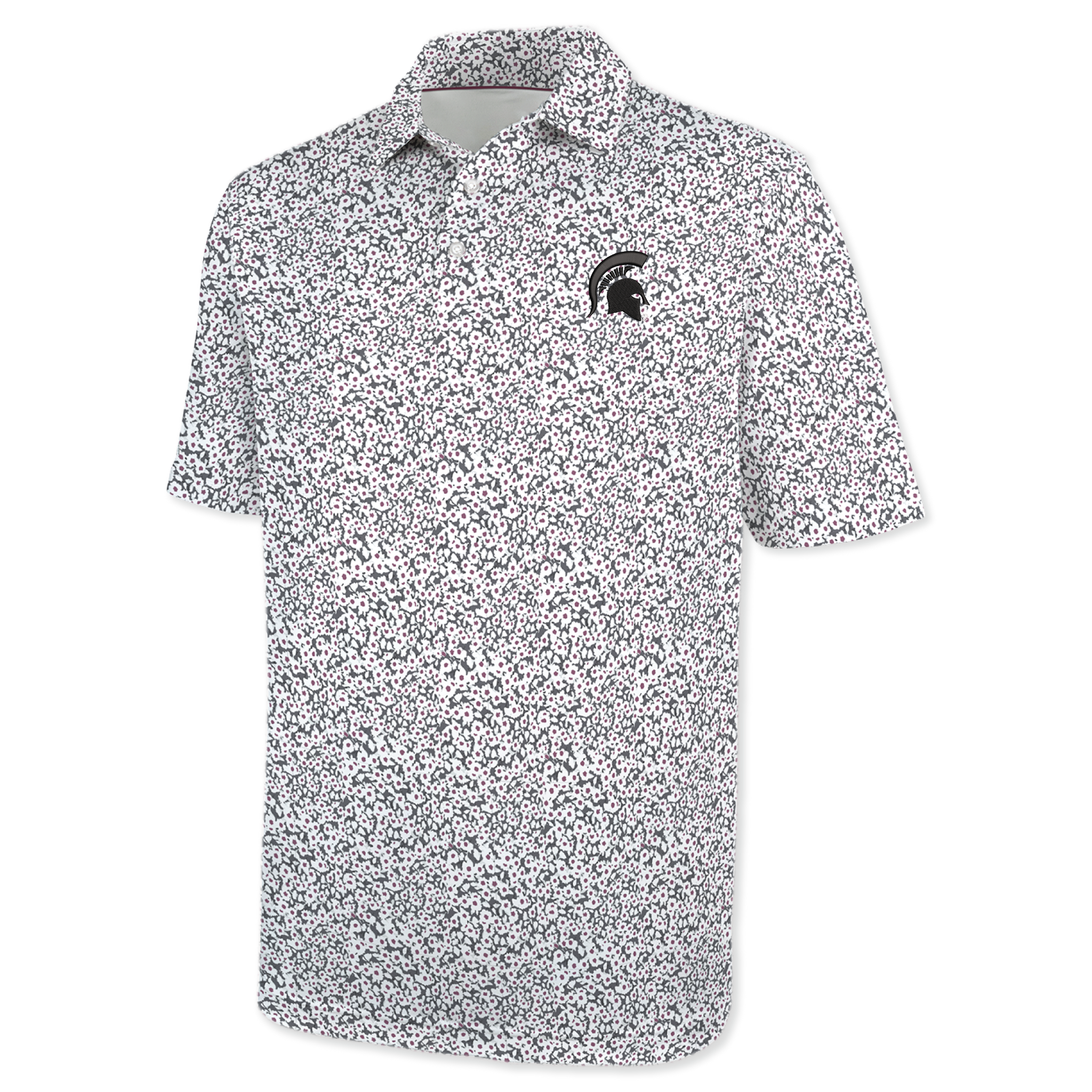Short-sleeved polo shirt with a white and black speckled pattern, featuring a collar and buttoned neckline. Embroidered Spartan helmet logo displayed on the left chest.