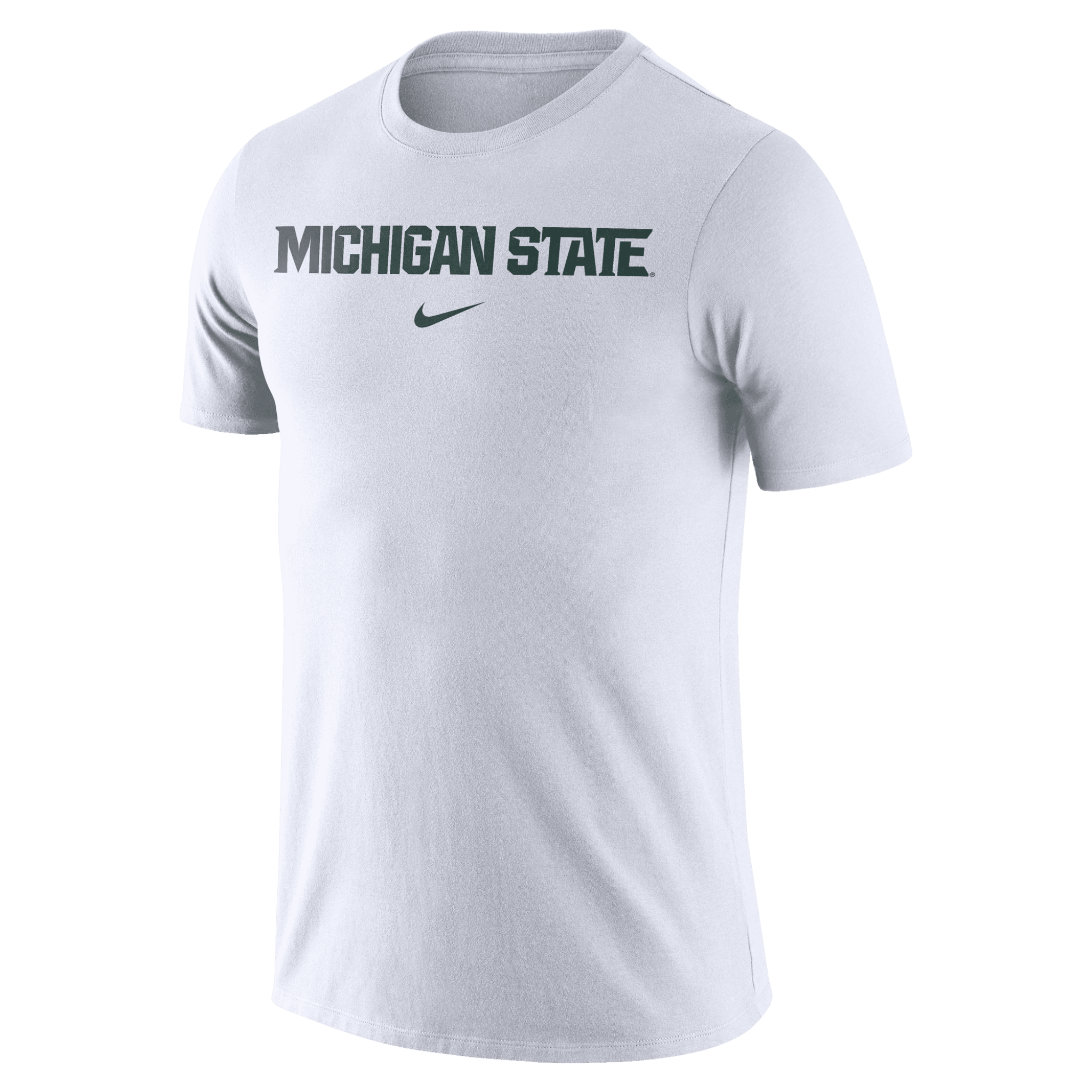 A white short sleeved t-shirt with the words "Michigan State" on the chest in green above a green Nike swoosh.
