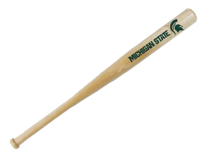 Wooden baseball bat with 'MICHIGAN STATE' text and Spartan helmet logo.