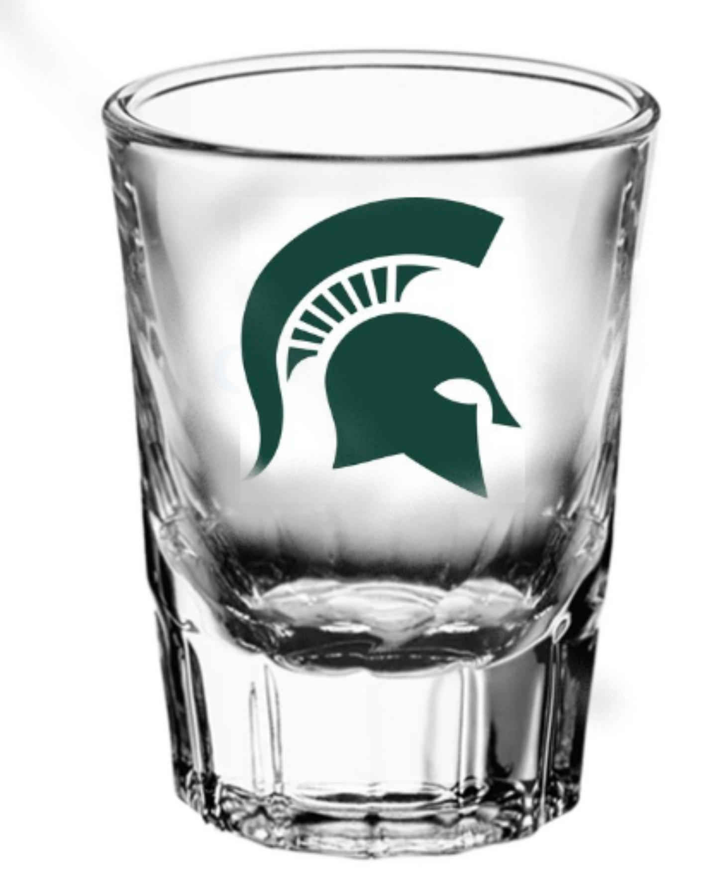 Clear shot glass that has a green Spartan Helmet on the center.