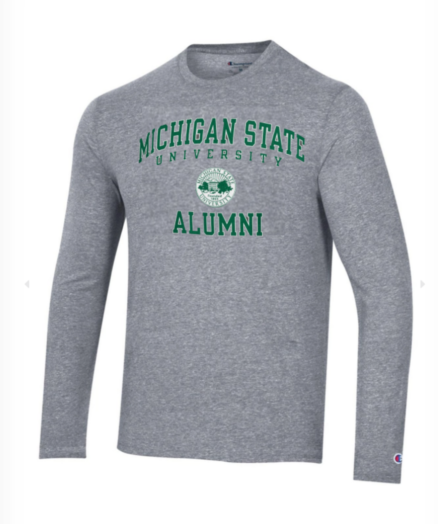A gray, long sleeve T-shirt with the words "Michigan State University Alumni" in green on the chest. In the center of the words is the Michigan State University seal in green and white.