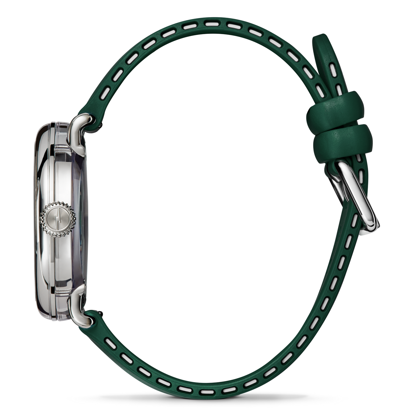 Side view of band detail of green Shinola watch with green face and strap featuring white numbers and a white MSU Spartan helmet. Stainless-steel watch casing.