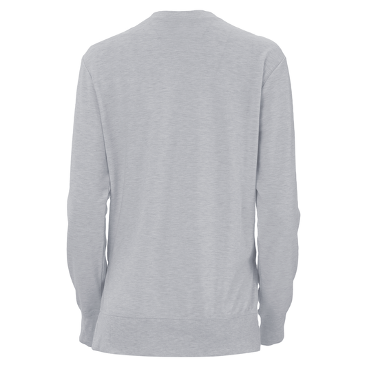 Back of a light gray long sleeve T-shirt.