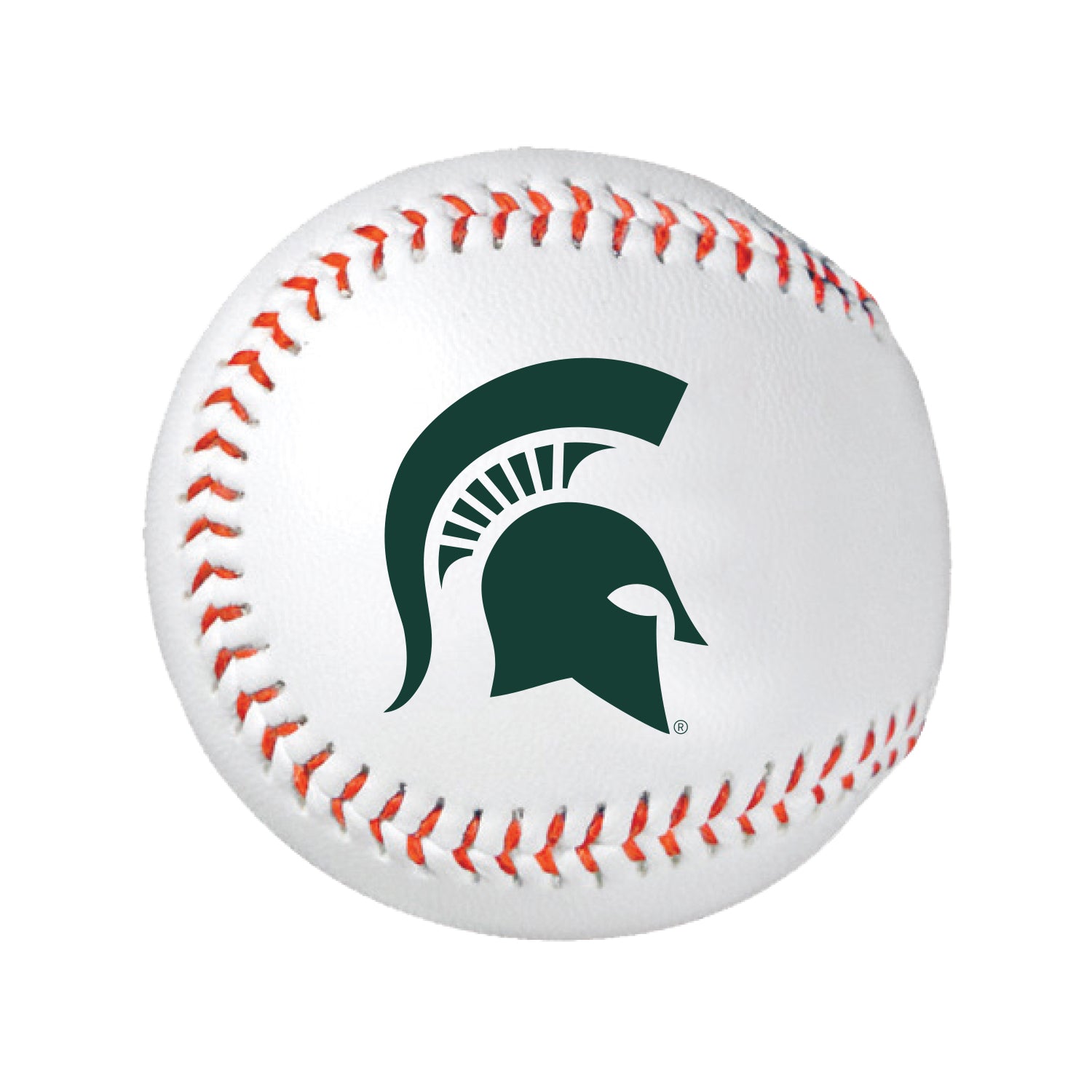 White baseball with red stitching and Spartan helmet logo.